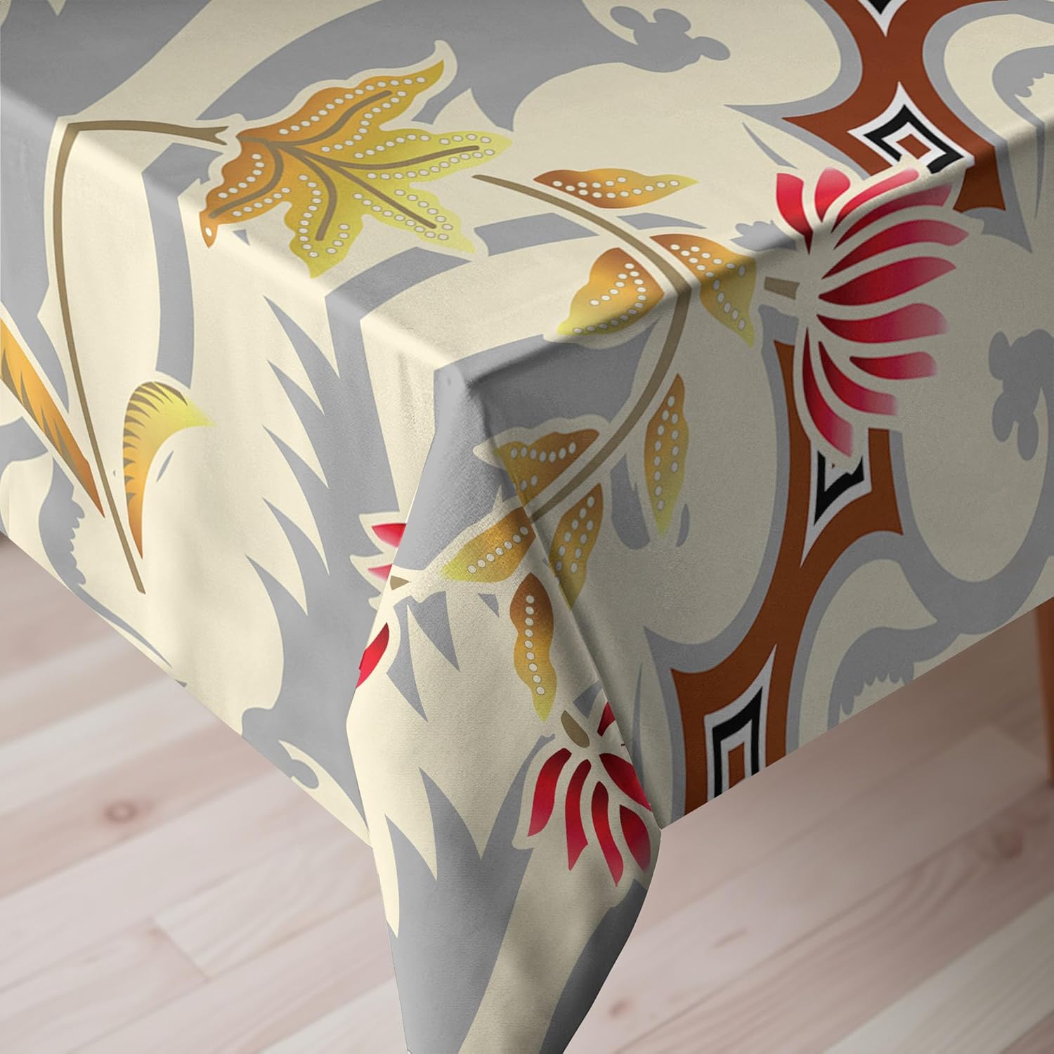 Ambesonne Batik Tablecloth, Japanese Garden Inspired Swirling Spring Flowers Design in Soft Colors Illustration, Rectangular Table Cover for Dining Room Kitchen Decor, 60" X 84", Yellow Grey