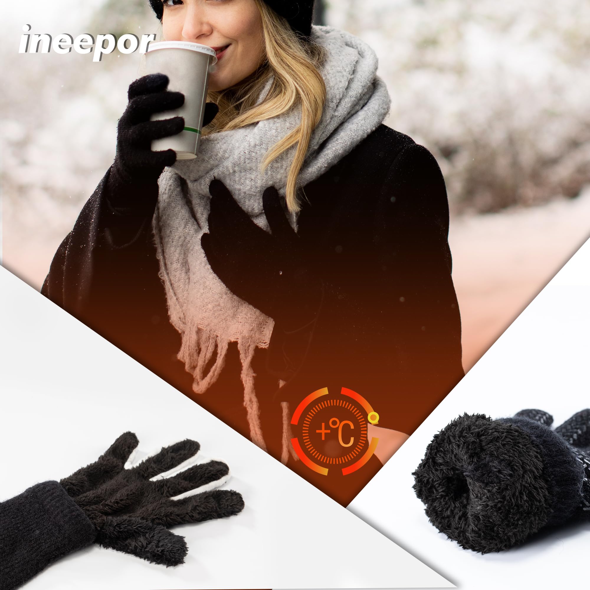 ineepor Guantes Invierno Hombre Mujer Doble Capa de Lana Antideslizantes Termicos Guantes Tactiles Pantalla Táctil Running Deporte Nieve Esquí Ciclismo