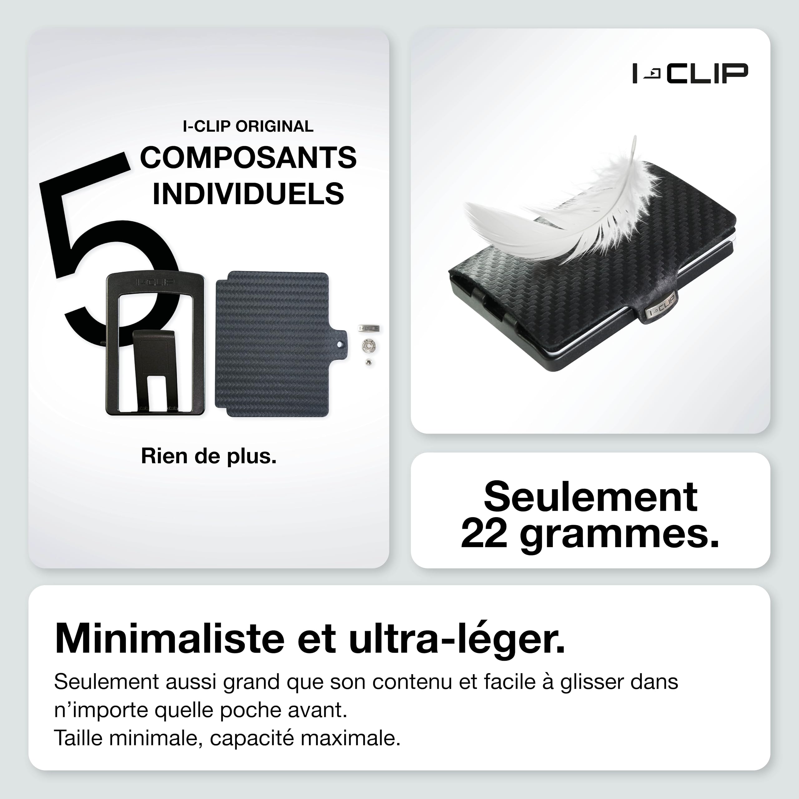 I-CLIP Original Mini Wallet avec Pince à Billets - Portefeuille Fin - Porte-Monnaie en Cuir - Portefeuille Premium - Porte-Cartes - Carbone Noir
