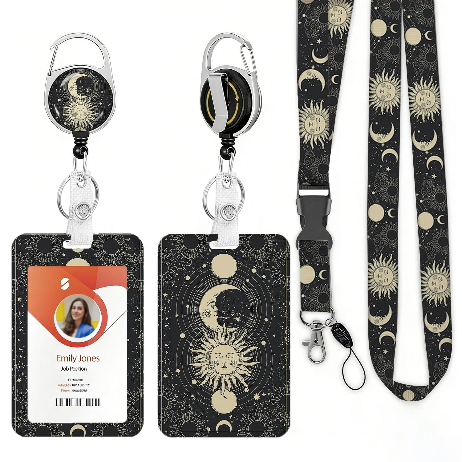 Lanyards for ID Badges Boho Mystical Sun Crescent Moon Retractable Badge Holder Removable Lanyard Keychain Vertical ID Protective Holder for Nurse