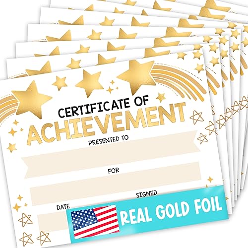 Premium Real Gold Foil Classroom Award Certificates for Students -25 Certificate of Achievement Awards, Certificate Paper, Preschool Graduation Certificates, Kindergarten Diploma, Star Student Honors