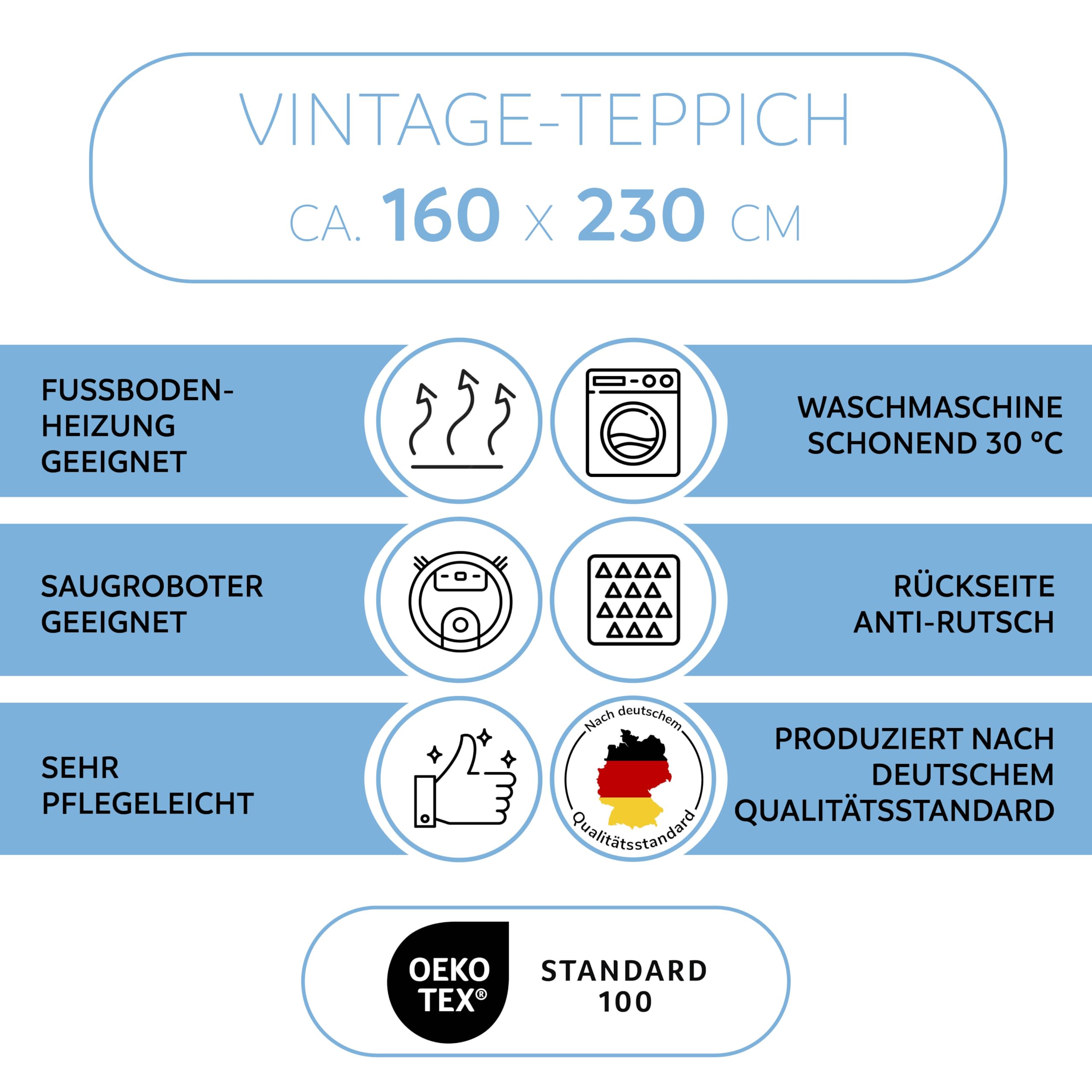 DOMOPRIMA Vintage Teppich ca. 160 x 230 cm für Wohnzimmer Schlafzimmer Esszimmer Kurzflor modern zeitlos schön robust waschbar antirutsch Rückseite pflegeleicht OEKOTEX