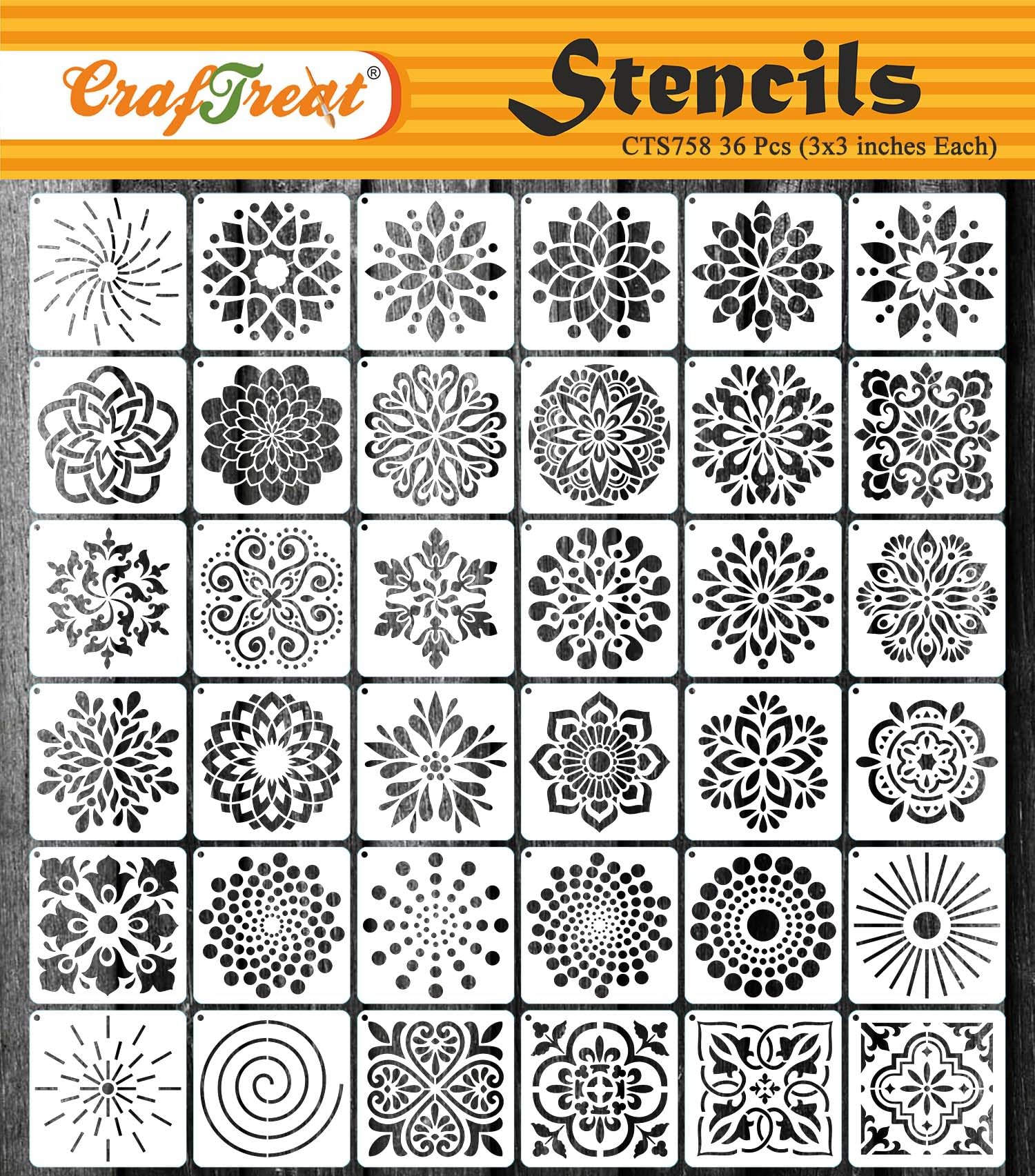 CrafTreat 36 pcs Mandala Stencil Set for Painting on Canvas, Wall Art, Home Decor and Notebook - 3x3 Reusable Rangoli Stencils for Scrapbooking - Arts and Crafts Supplies