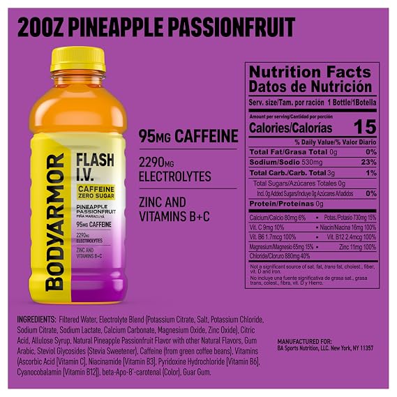 BODYARMOR Flash IV Caffeine + Zero Sugar Drink, Pineapple, 20 Oz (12 Pk)