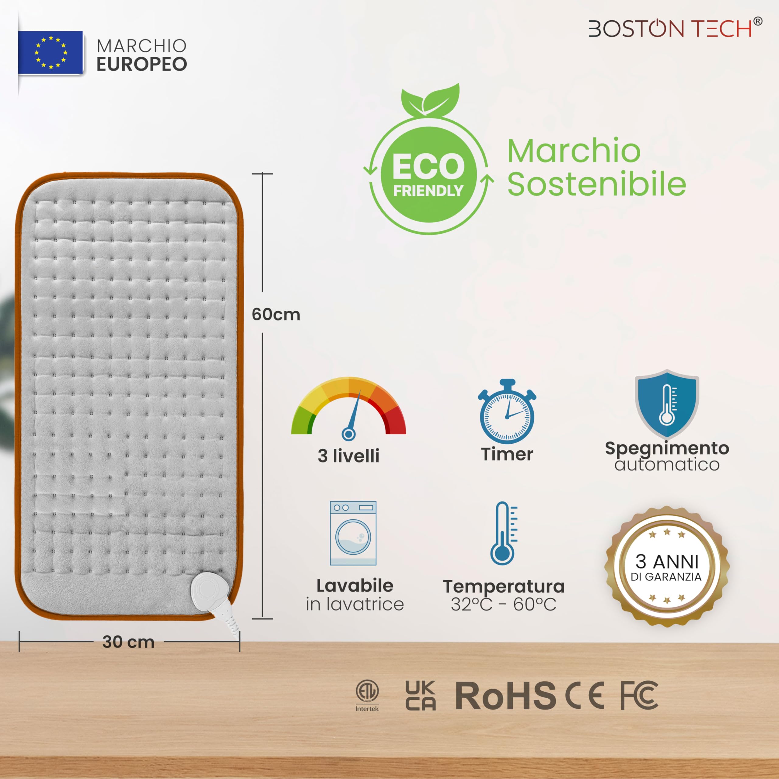 Termoforo Elettrico FlexiHeat | Microfibra Morbida 30x60cm | Riscaldamento Rapido | Sollievo dal Dolore | 3 Livelli di Temperatura + Spegnimento Automatico | Display Illuminato | Lavabile in Lavatrice