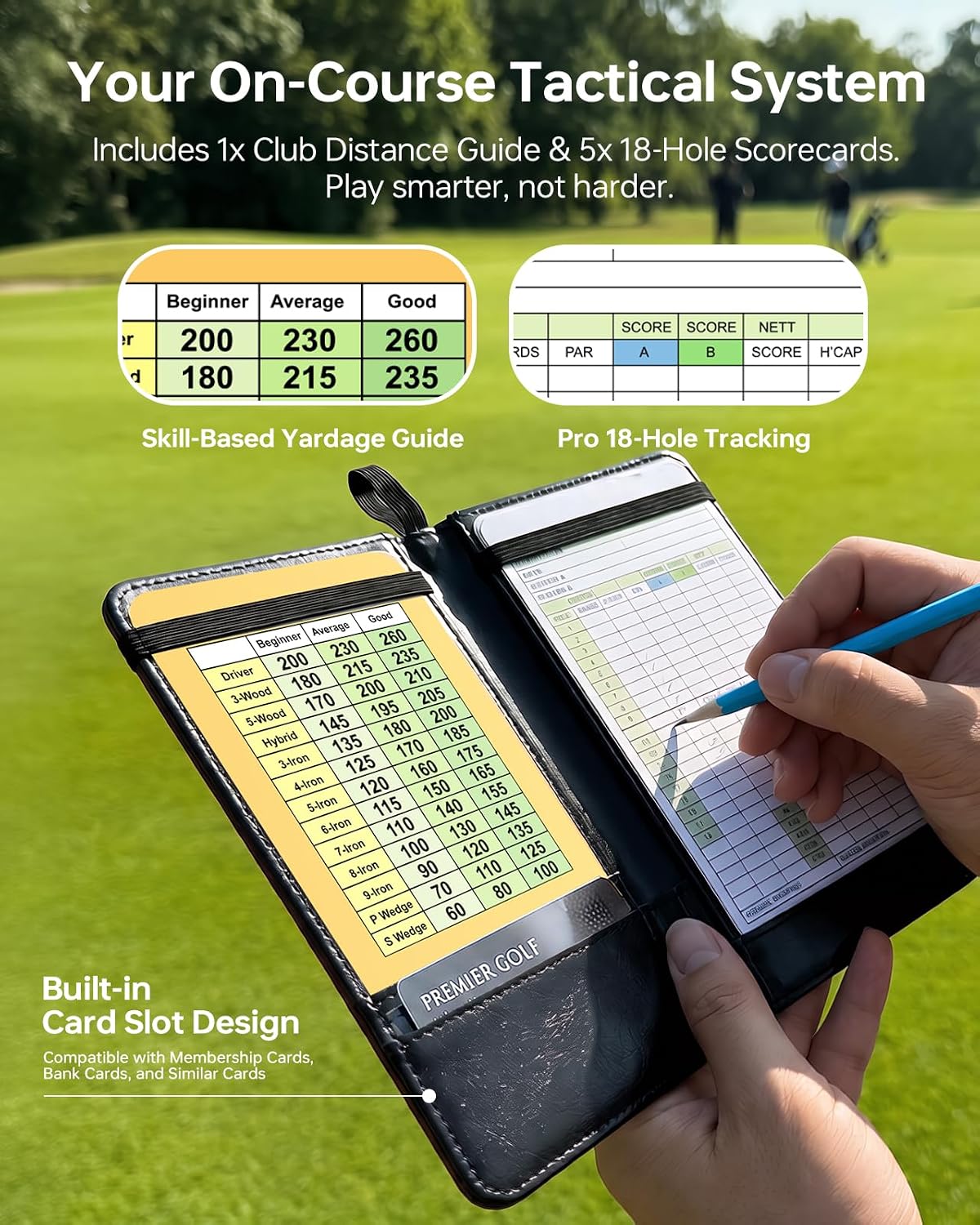 SITIZ Magnetic Golf Notebook & Scorecard Holder, Golf Journal Fits Back Pocket, 6 N52 Cart Mounts, Distance Reference Card & 5 Scorecards
