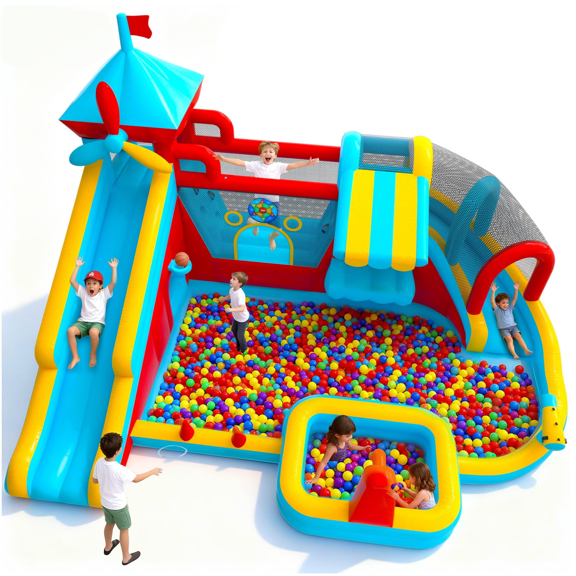 Letsgokid 17.5×13 FT 12 in 1 Inflatable Bounce House for Kids with Double Slide, 750W Blower, Toy Stand, Jumping, Climbing Wall, Water Gun, Splash