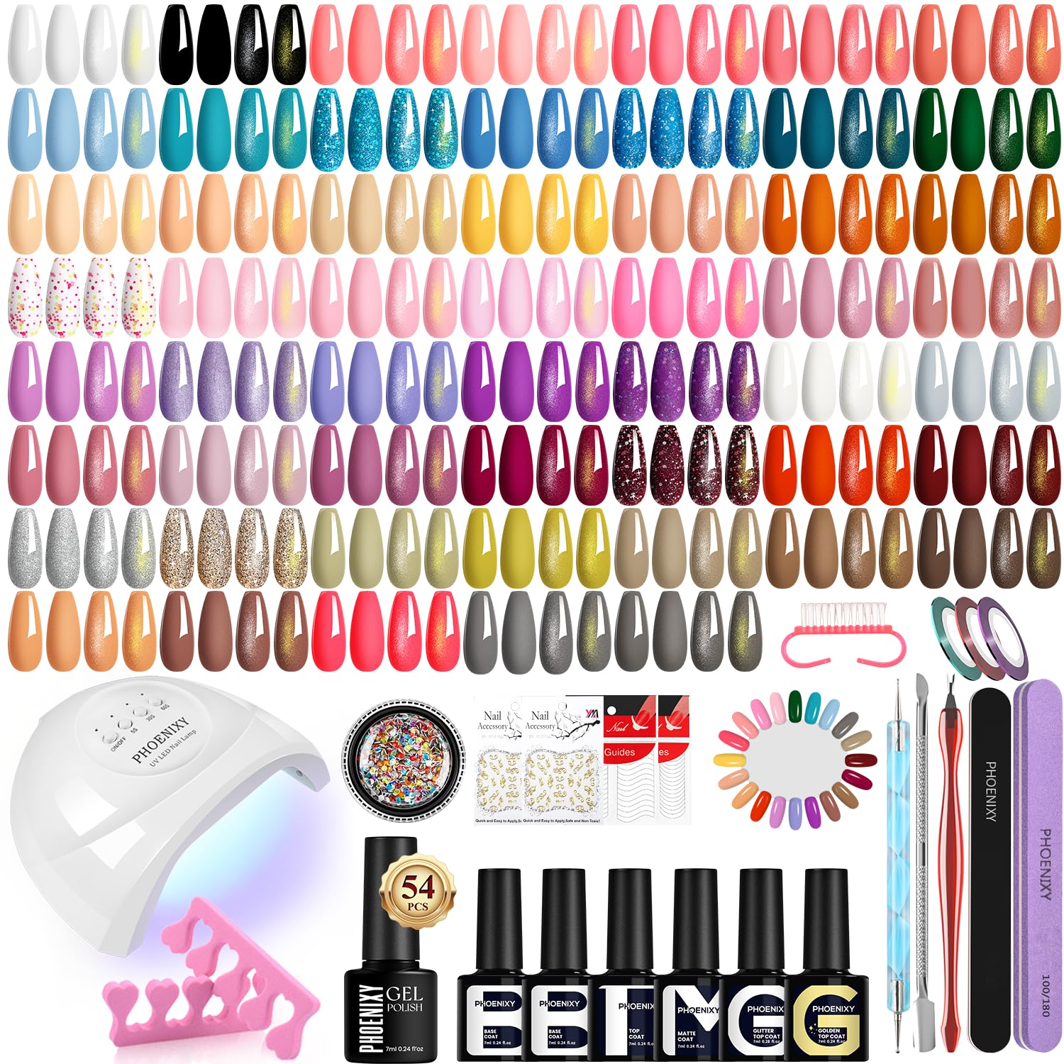 PHOENIXY Kit Unghie Gel Completo - 79Pz Kit Semipermanente Unghie con Lampada UV LED Unghie 54 Colori Smalto Semipermanente Unghie con 4 Top Coats Regalo per Donne