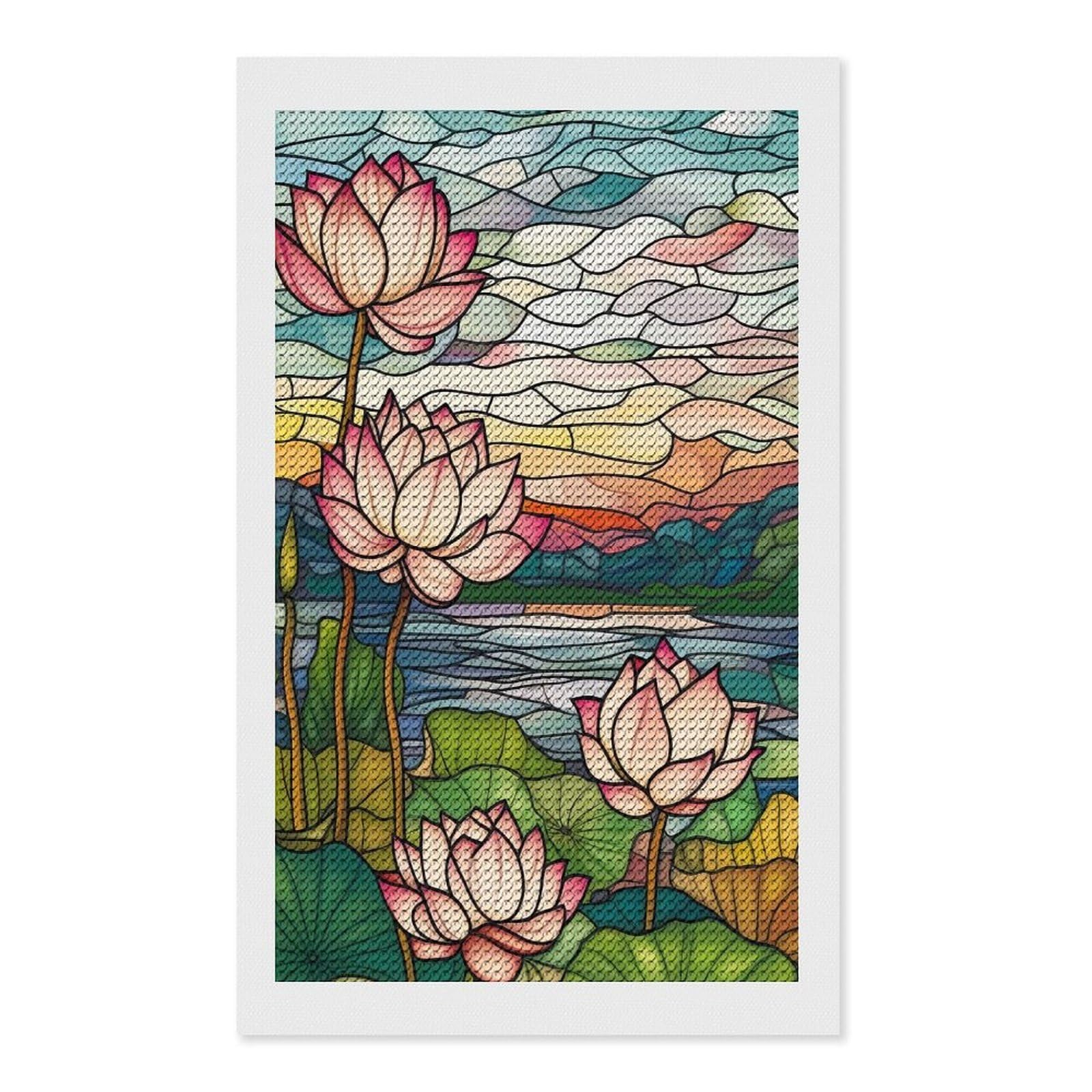 Junmoney Lotus Flowers Stained Glass Diamond Painting Canvas Set 12"x20", with Tool Kit, Easy to Enjoy, Home Wall Decor, Thoughtful Handmade Gift