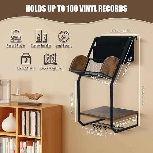 Miniatura 5 de Soporte para tocadiscos montado en la pared con almacenamiento de vinilo, soporte para discos de vinilo, estante de mesa para tocadiscos, soporte