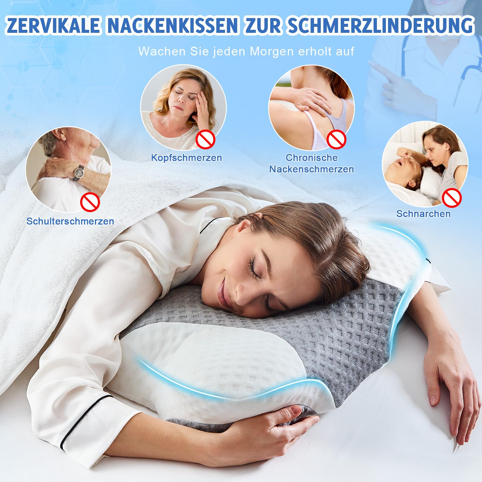 VJASD Cuscino ortopedico per il collo in memory foam, cuscino ergonomico contro il mal di collo, cuscino regolabile in altezza con rivestimento traspirante