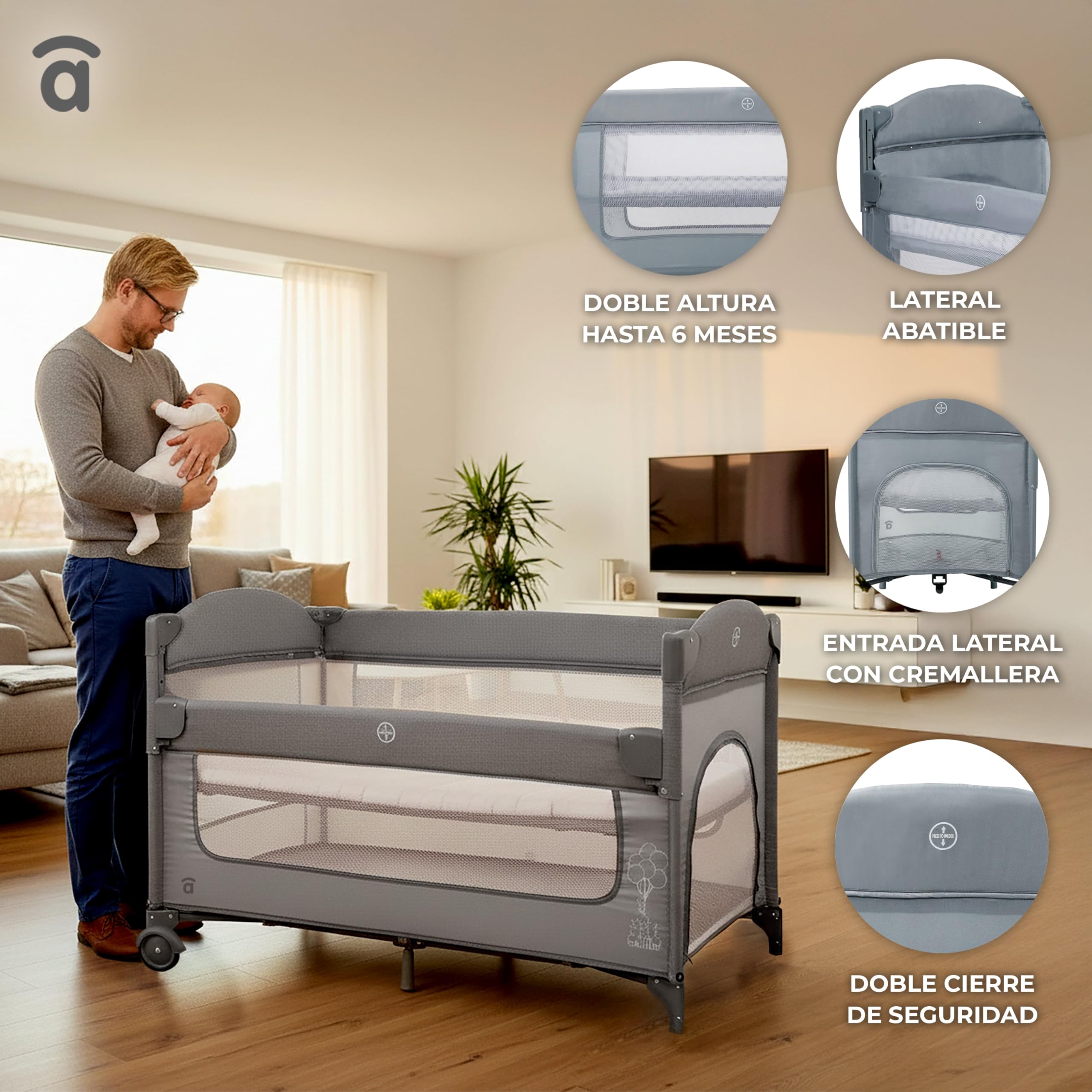 Asalvo Cuna de Viaje Colecho Together 2 en 1 – Cuna Bebé Plegable con Doble Altura, Correas de Seguridad, Ruedas con Freno y Bolsa Transporte – Desde Nacimiento hasta 15 kg – Gris
