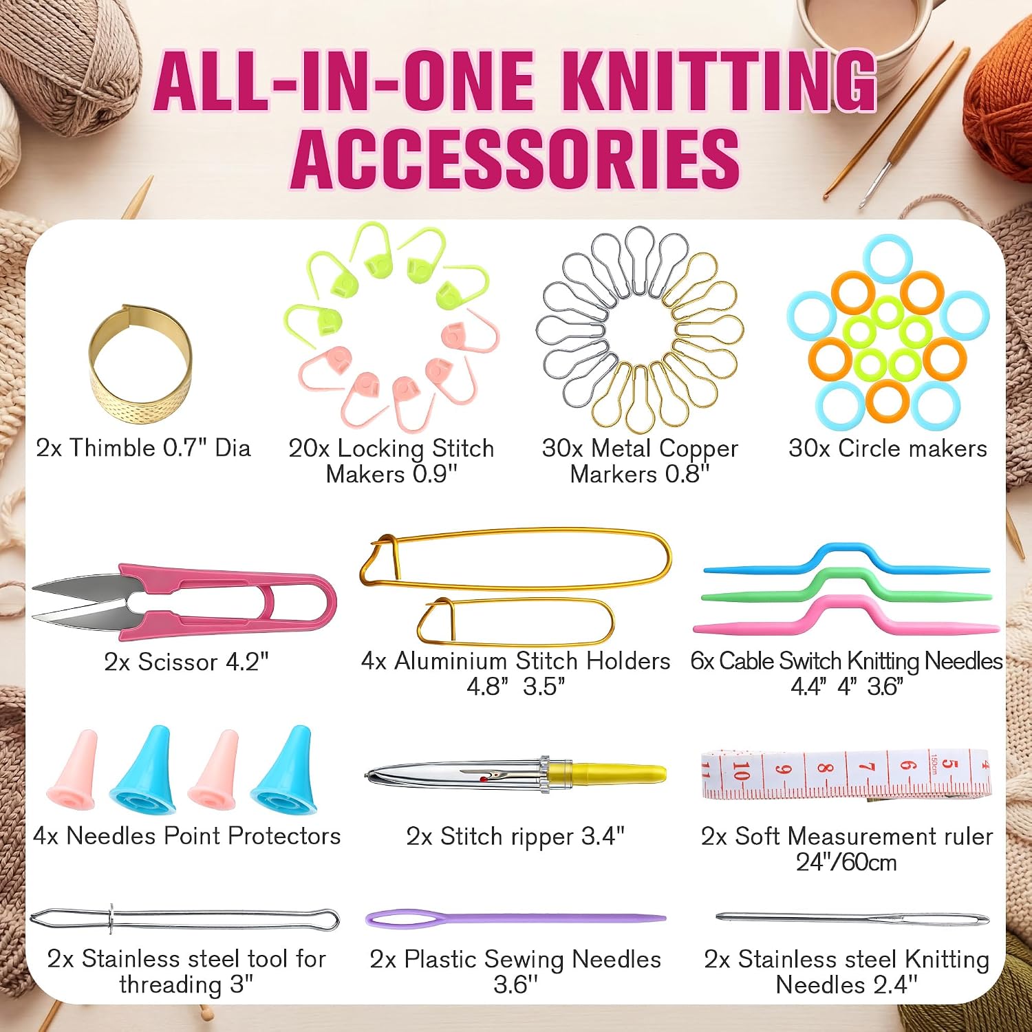 Feekoon 2 Pack New Basic Knitting Tools Accessories Supplies with Case Knit Set Lots - Knitting Supplies Set with Stitch Markers Plastic Sewing Needles Cable Needles for Sewing and Weaving