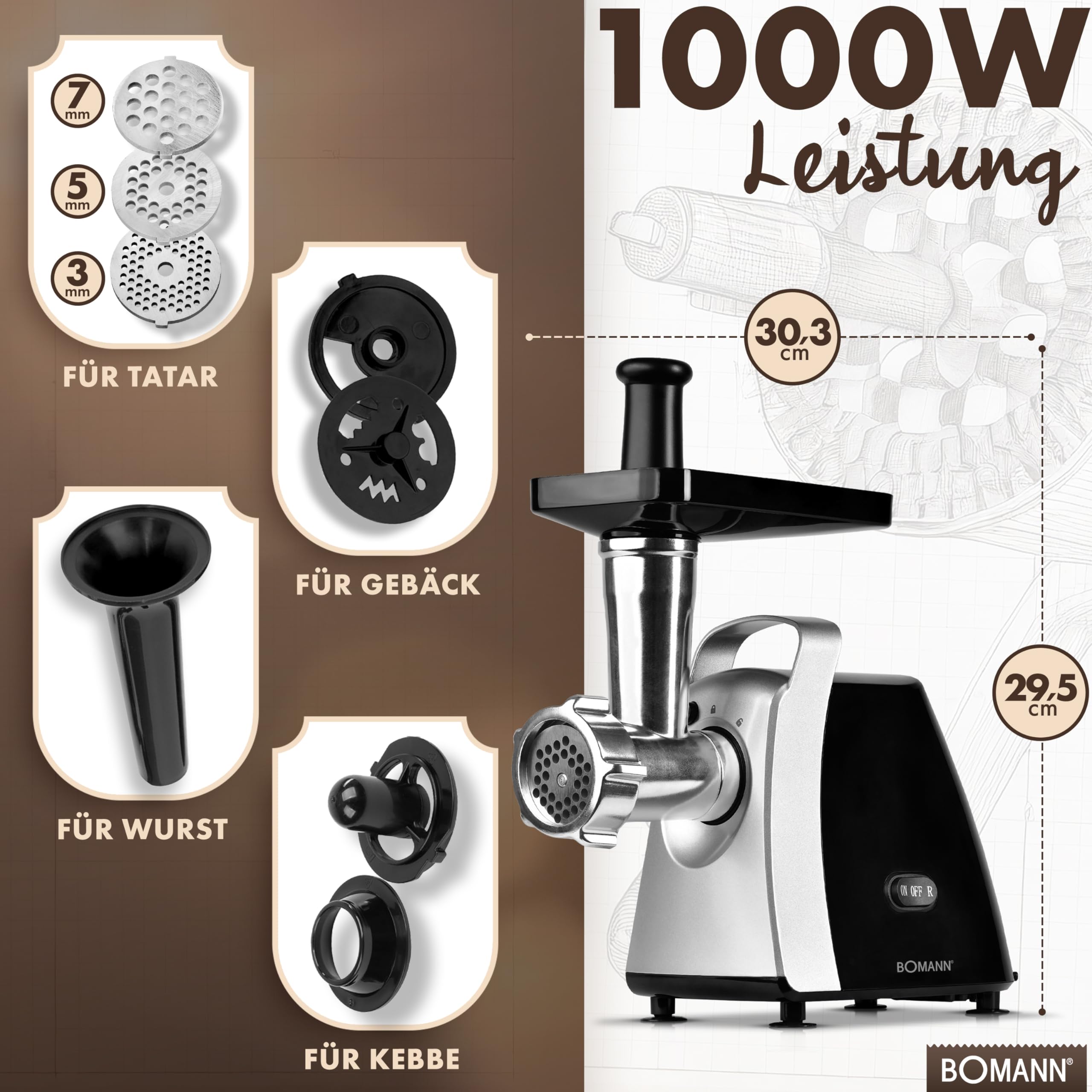 Bomann® Fleischwolf 1000W | mit Aufsatz für Plätzchen/Spritzgebäck | Fleischwolf elektrisch | 3 Metall-Lochscheiben | Vor- und Rücklauf | inkl. Wurstfüller | Metall-Hals u. Schnecke | FW 6067 CB