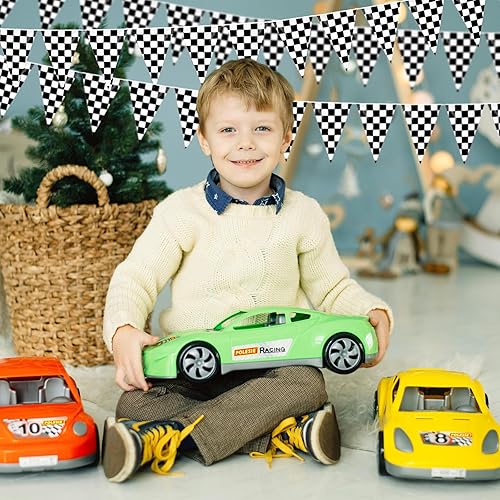 Miniatura 6 de Banderín de 100 pies, bandera triangular de carreras a cuadros, bandera de doble cara F1 de cuerda de carreras en blanco y negro para cumpleaños,