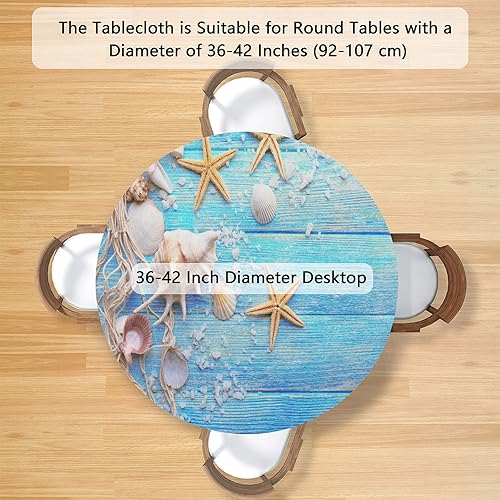 Miniatura 2 de Mantel redondo con borde elástico, ajustable con diseño de estrella de mar de playa, impermeable, lavable, para fiestas, decoración de mesa de