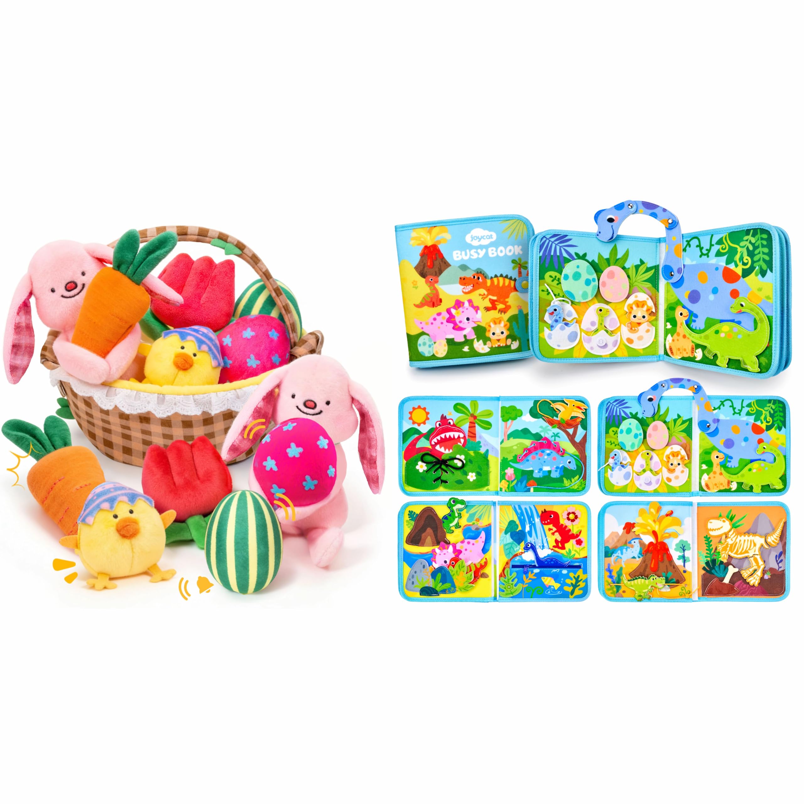 JoyCat Dinosaur Toddler Busy Book Baby My First Easter Basket, 6 PCS Plush Playset Stuffers with Bunny Chick Eggs Carrot Tulip Toys, Easter Party Favors Decorations Gifts Supplies for Baby Girl