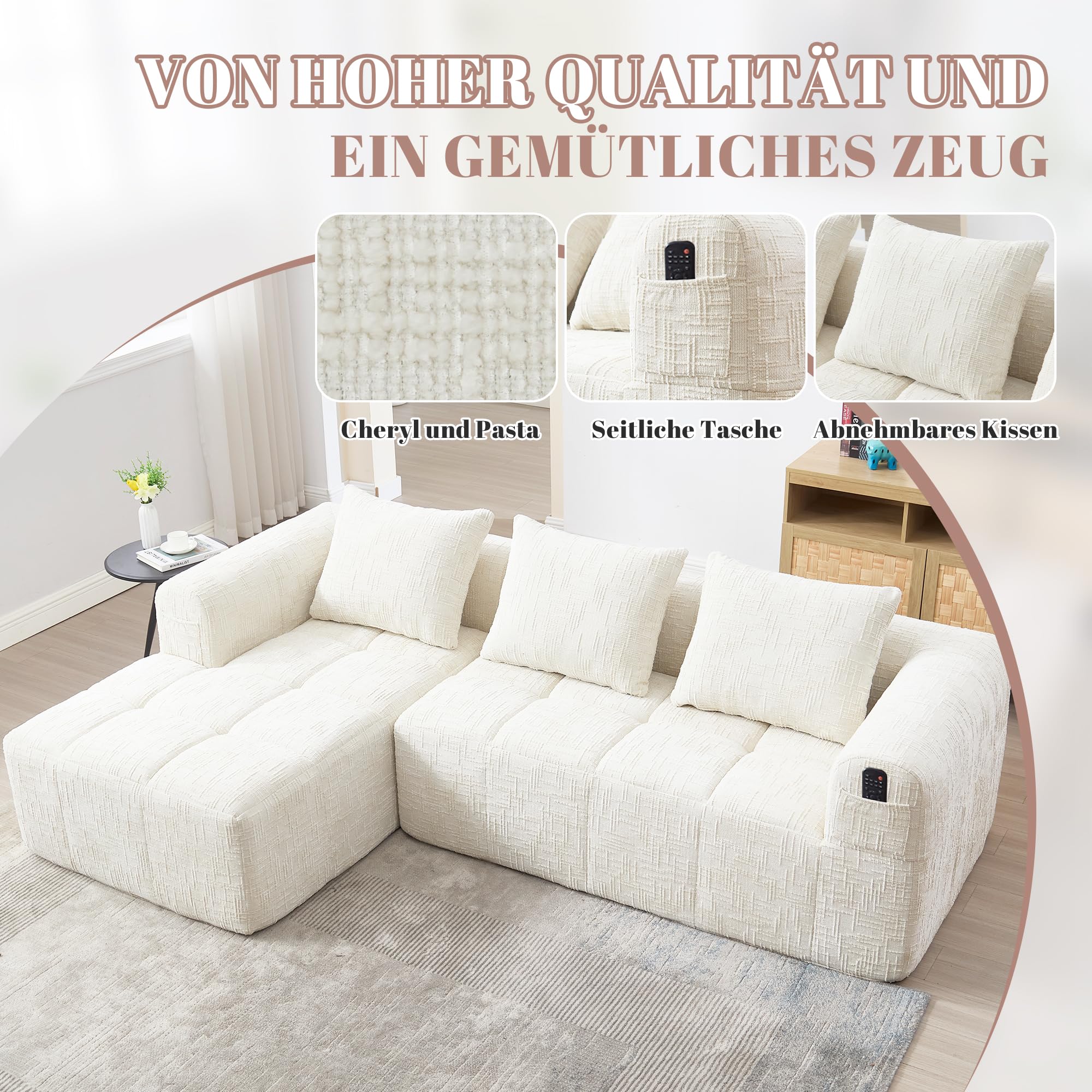 Divano con funzione di sonno Grande divano a 3 posti a forma di L, design moderno, mobili imbottiti, poltrona lounge con chaise longue, braccioli e 3 cuscini