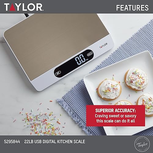 Miniatura 4 de Taylor Báscula de alimentos de cocina de alta capacidad de 22 libras con superficie de acero inoxidable, pantalla retroiluminada y cable de recarga