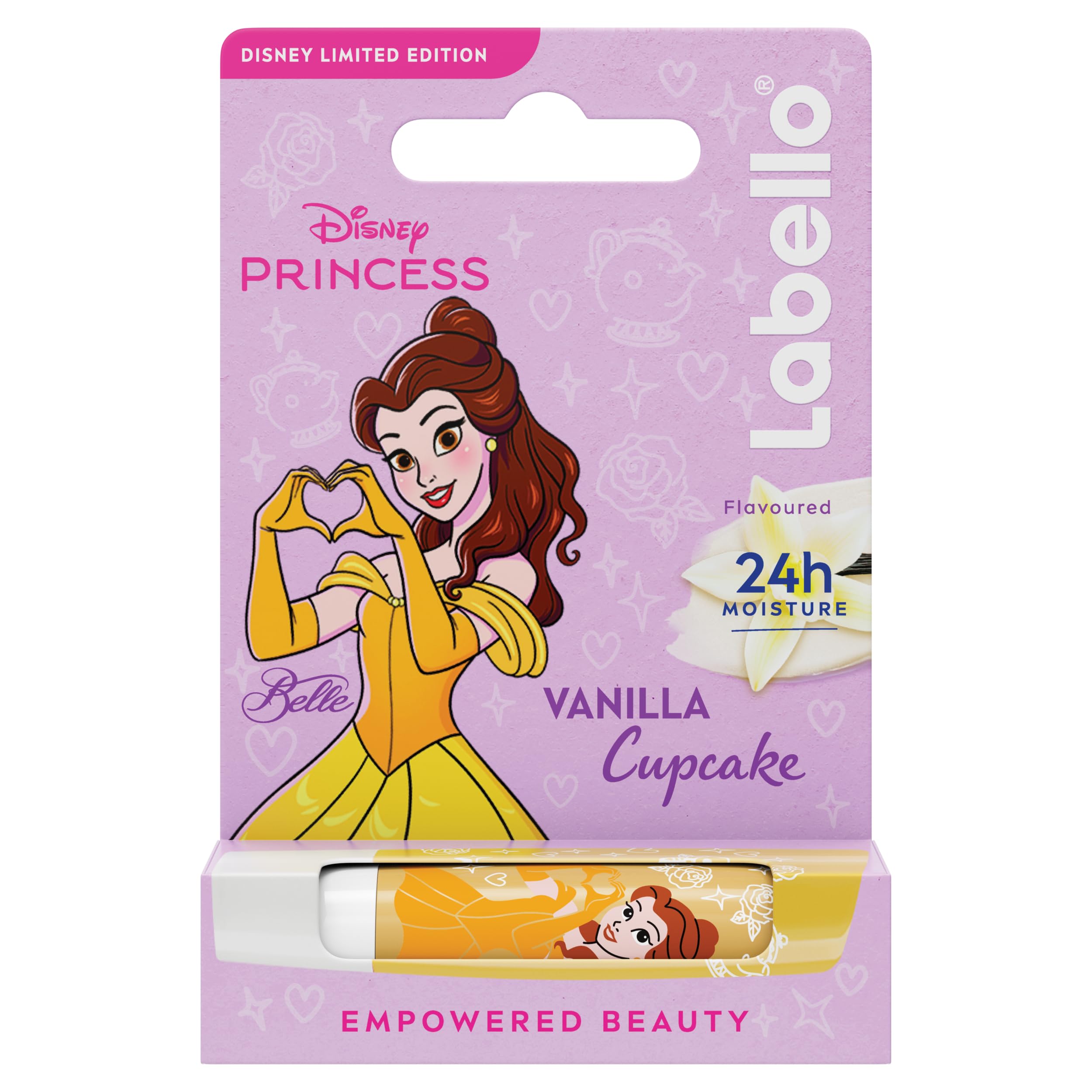 Labello Disney Princess Limited Edition Vanilla Buttercream 4.8 g, Balsamo labbra colorato con design con Belle, Burrocacao bambina 3+ idratante 24h, Burrocacao labbra lip balm con aroma di Vaniglia
