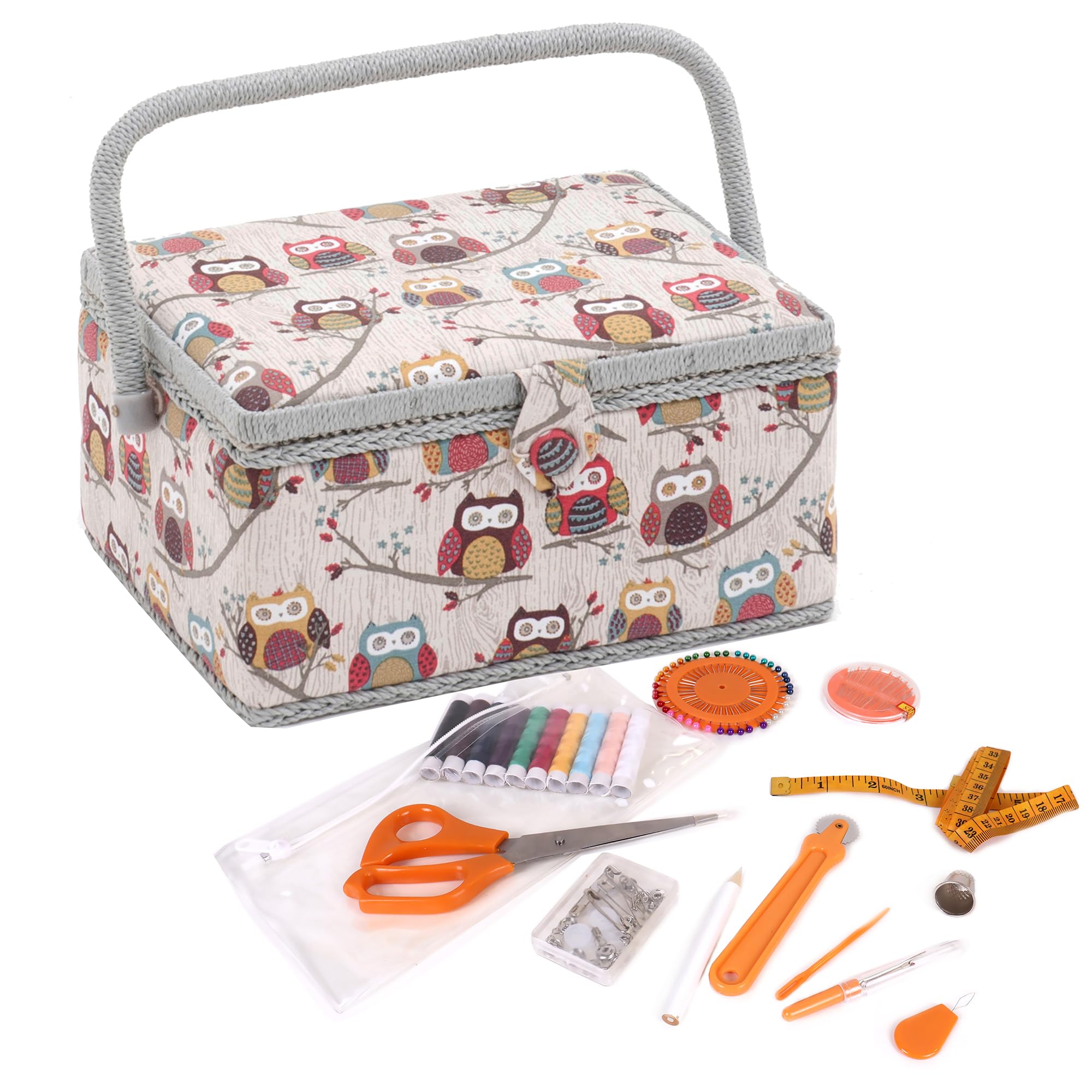 Hobby Gift Medium Sewing Box Organiser Kit with Handle - Cotton Basket Sewing Storage Box, Craft Storage Boxes with Compartments for Tools & Accessories - 18.5 x 25.5 x 14.5cm, Hoot