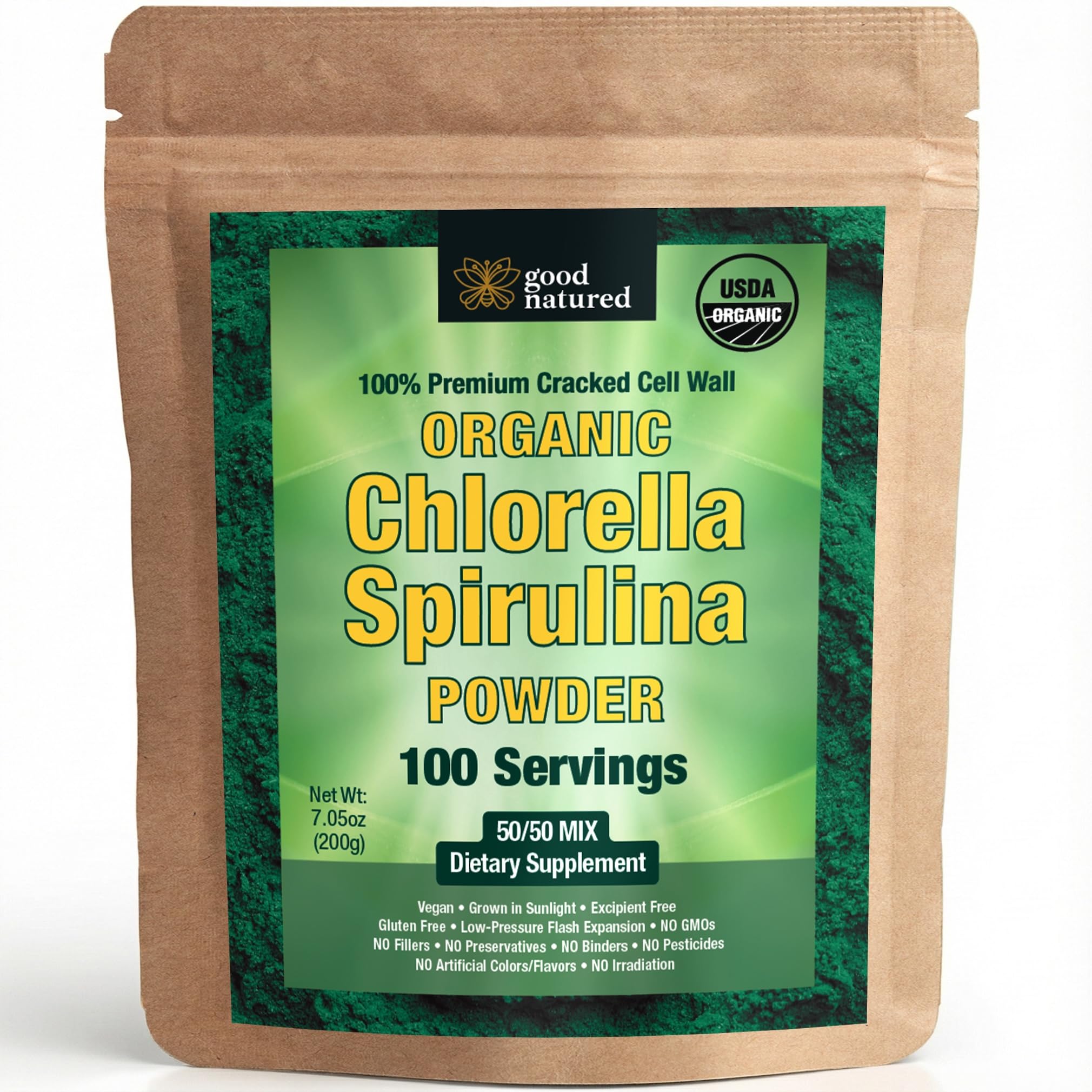 Good Natured Organic Spirulina and Chlorella Powder 50/50 Mix - 3 Month Supply - Vegan & Non-GMO Chlorella and Spirulina Powder