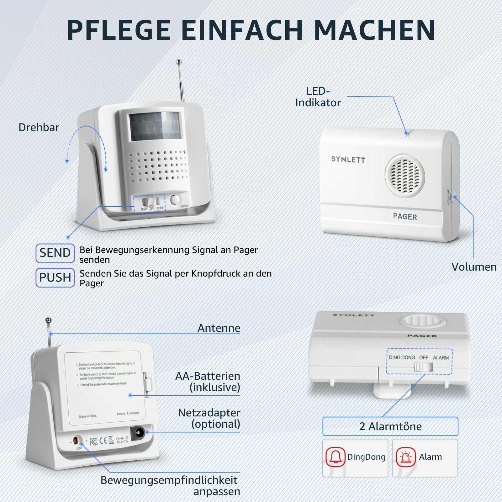 Pflege-Pager mit 2 Bewegungssensoren, kabelloser Bettalarm | Pflege-Rufsystem für Senioren, Patienten und Demenzbetreuung mit zuverlässiger Bewegungs- und Bettüberwachung
