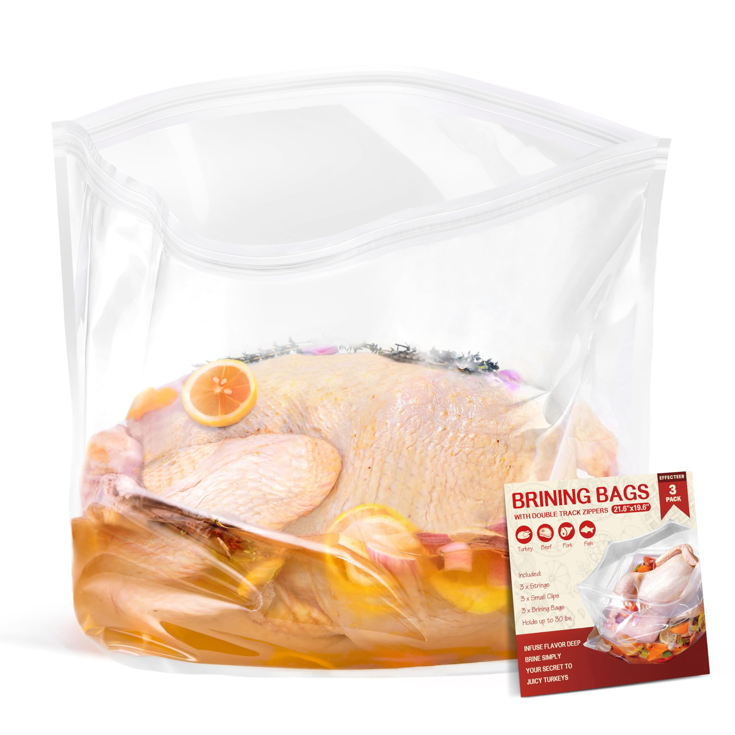 Turkey Brine Bag, 21.6"×19.6", 3 Pack, Double Track Zippers Thicker Brining Bags for Turkey with 3 Strings Ideal for Turkey, Chicken, Beef & More, Capacity up to 30 lbs