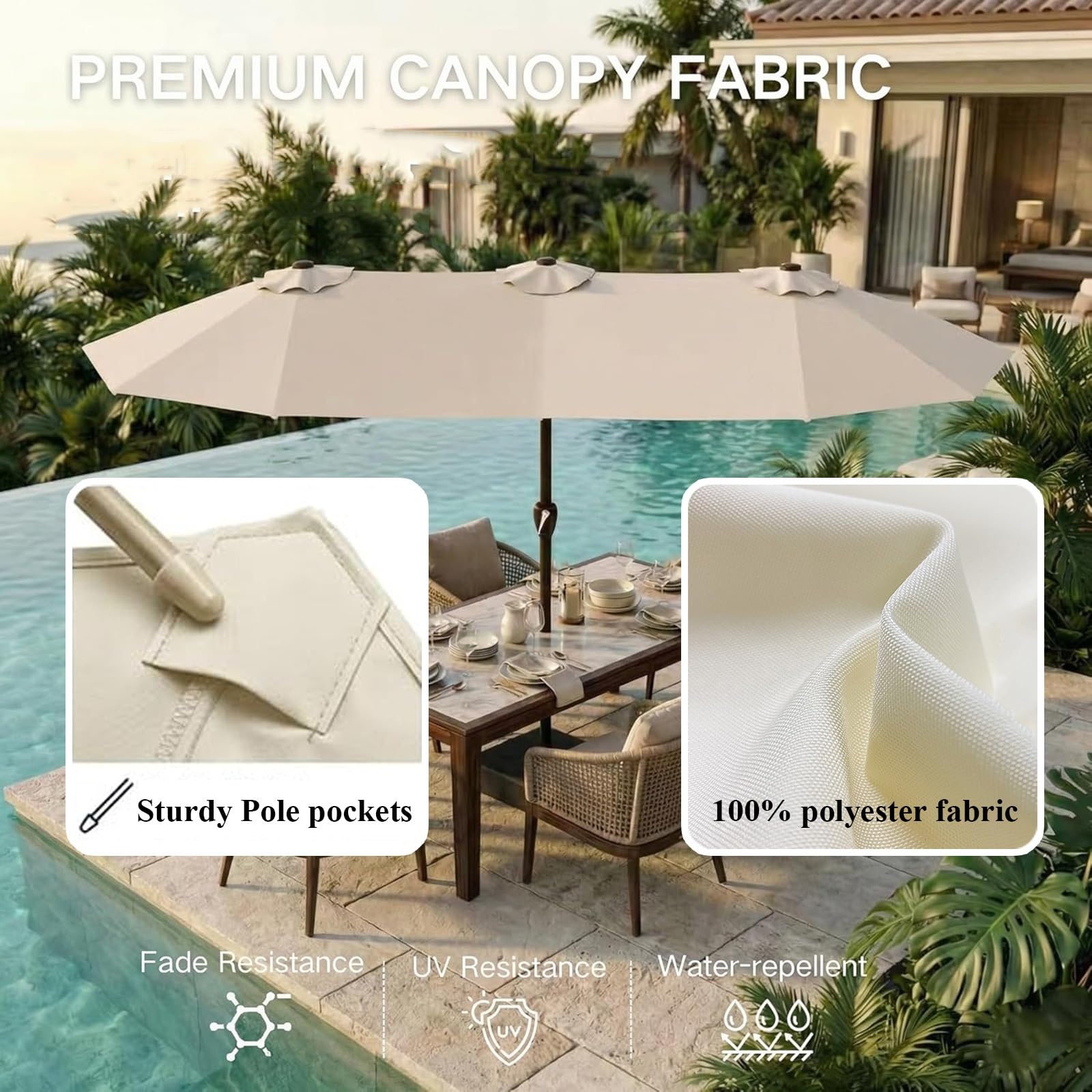 ESOYAWE Telo di Ricambio per Ombrellone A Doppia Faccia 460x270cm 12 Stecche, Impermeabile UPF 30+ Copertura in Tessuto Tettoia di Ricambio per Ombrellone Giardino Terrazza Piscina Spiaggia(Beige)