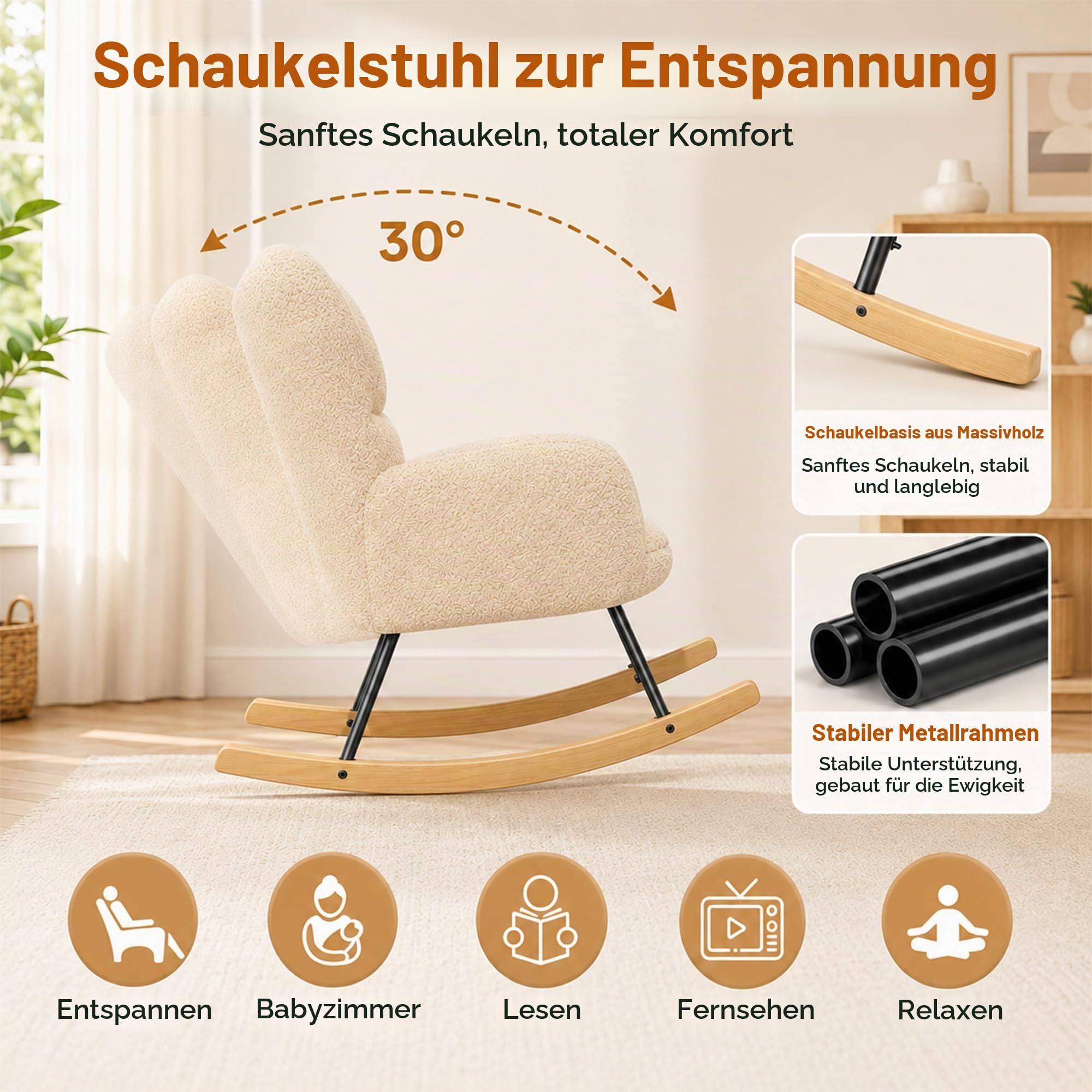 Schaukelstuhl, Loungesessel, Stillstuhl, Wohnzimmersessel, Schaukelsessel aus Teddy-Stoff mit Metallgestell & Holzschaukel und Lendenkissen, Beige