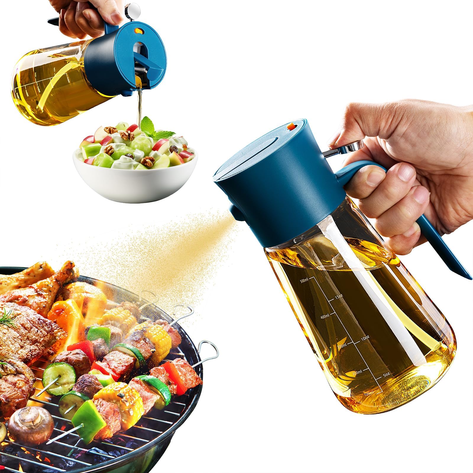 CXINYIOlive Oil Dispenser Bottle - 2 in 1 Oil Dispenser and Oil Sprayer - 700ml / 23Oz Oil Bottle with Fine Mist Nozzle - Oil Sprayer for Cooking, Kitchen, Salad, Barbecue Blue