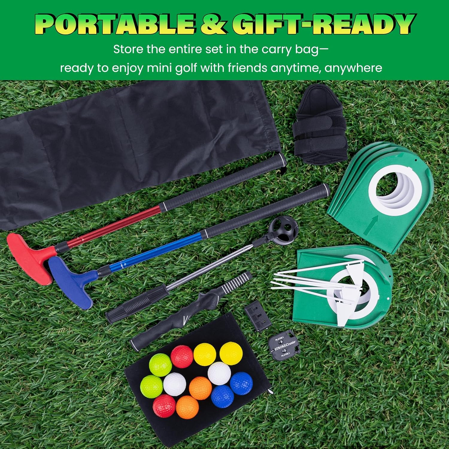 Mini Putting Golf Practice Set–Adjustable Putters, 6Flagged Holes, 12Practice Balls, Extendable Ball Retriever&Portable Storage Bags for Indoor and Outdoor Play