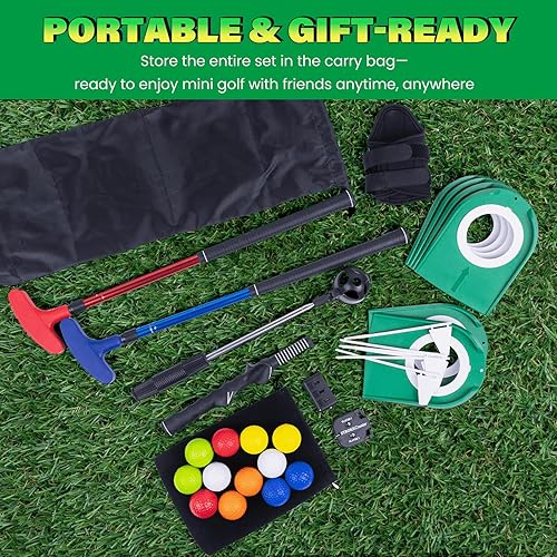Miniatura 7 de Mini juego de práctica de golf de putting  Putters ajustables, 6 agujeros marcados, 12 pelotas de práctica, recuperador de bolas extensibles y