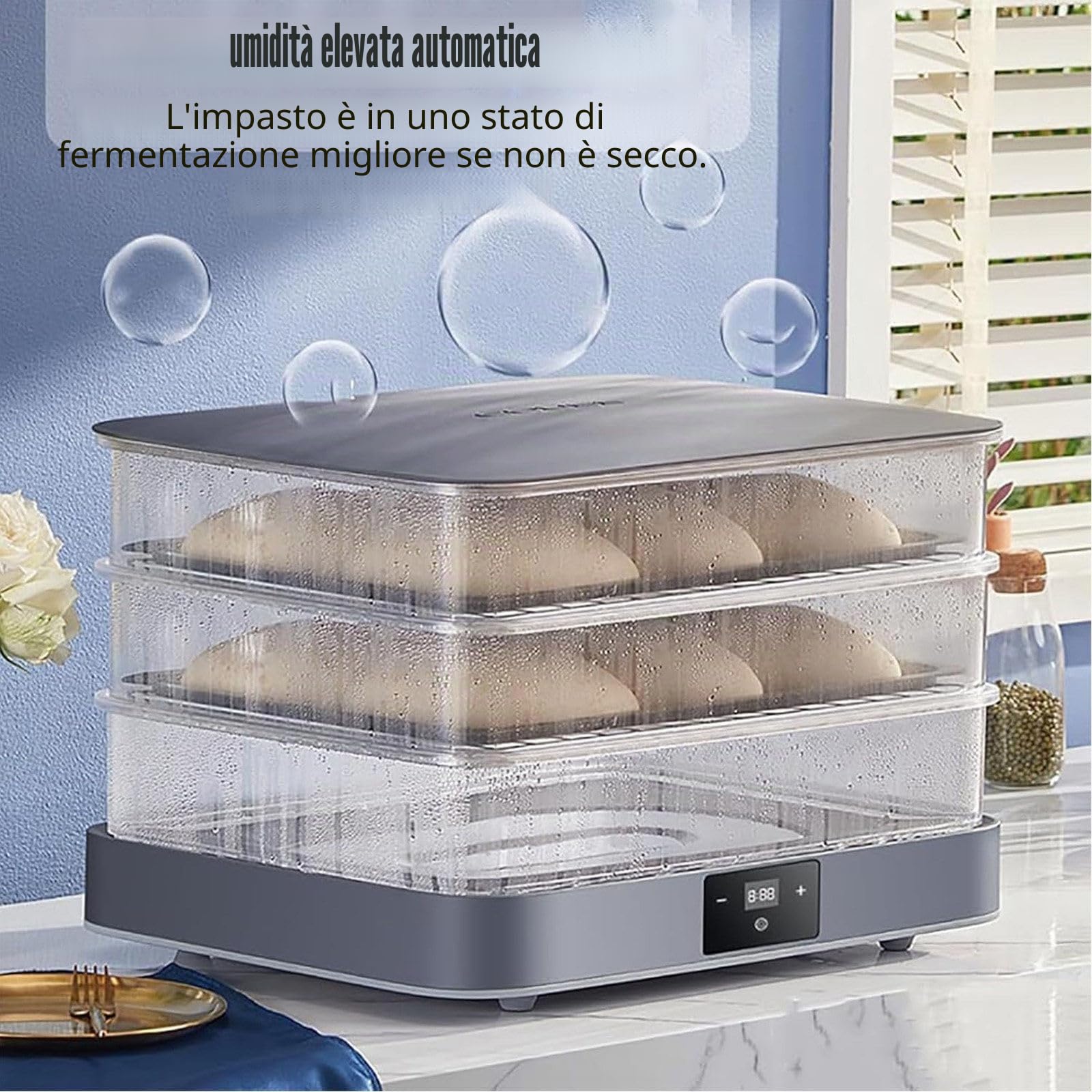 Scatola Di Lievitazione per Panificazione 40L,Scatola Di Fermentazione per Impasto Di Pane E Pizza,Con Vassoio Di Fermentazione Trasparente a 3 Strati,Display Touch,Per Preparazione Di Pane