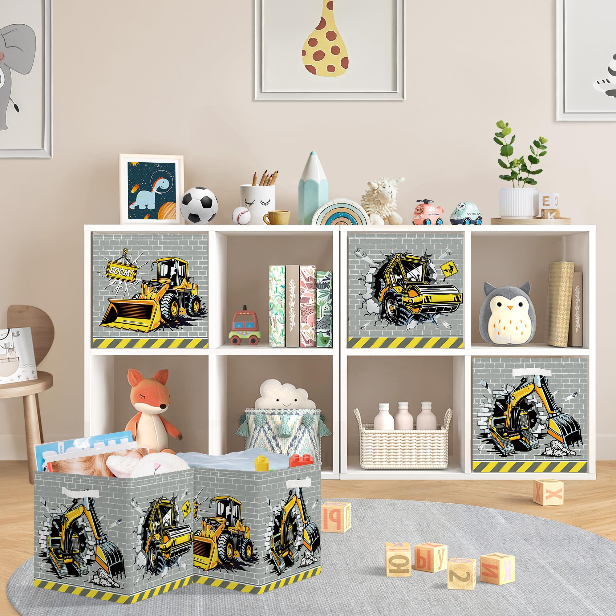 HUUMONSS 11.8" Construction Vehicles Storage Cube Organizer Set 3Pcs Clothes Storage Basket Bin for Home Cars Kid Room Book Toy Chest 3D Road Roller - Image 2