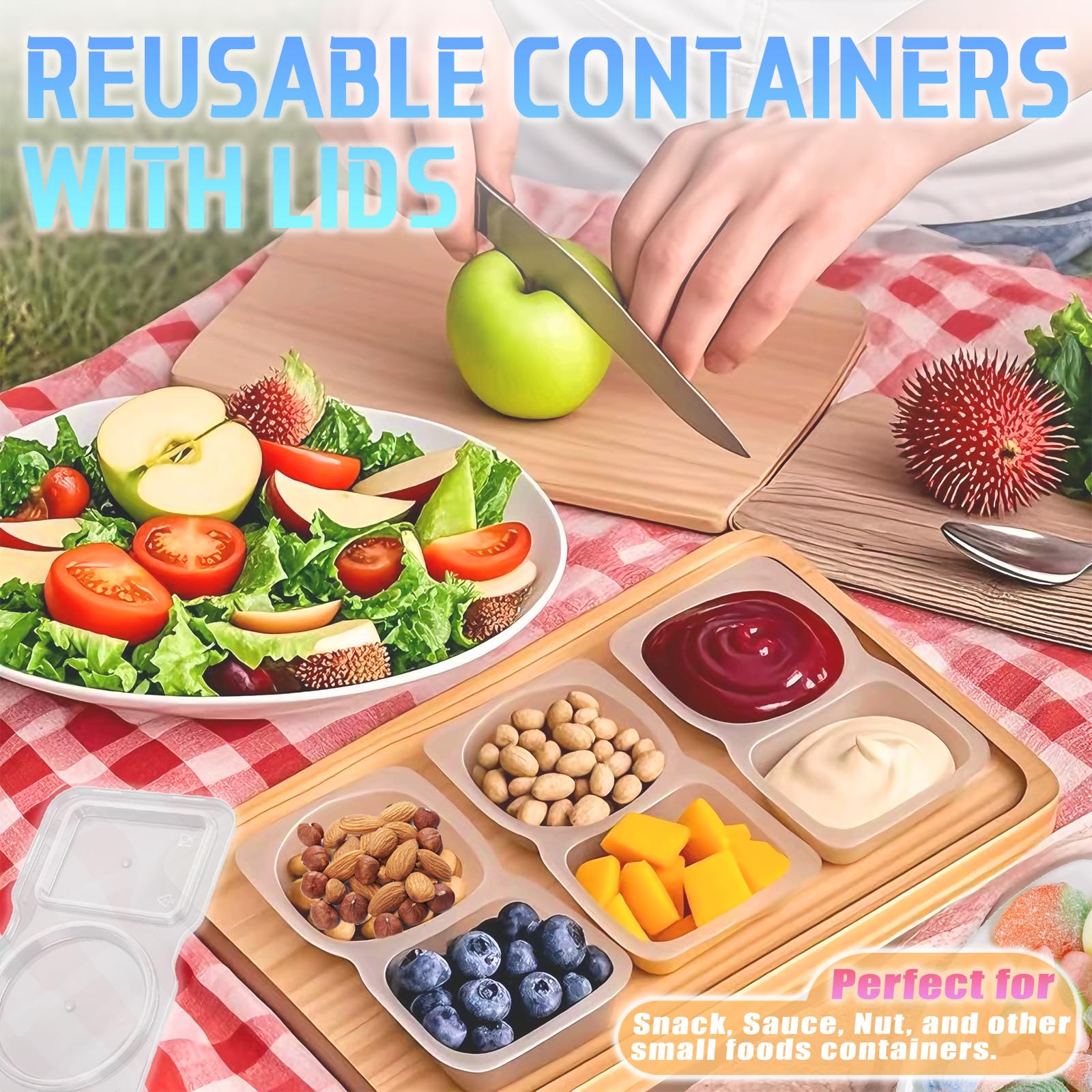 12 recipientes para aperitivos, recipientes de condimentos de doble compartimento con tapas, recipientes reutilizables para salsas pequeñas, contenedores de aperitivos para llevar, contenedor