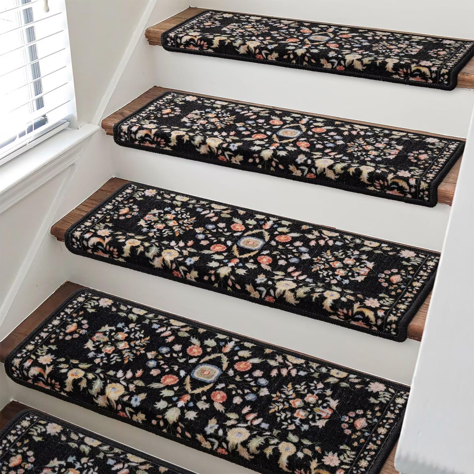RORA Bullnose Carpet Stair Treads Non-Slip Stair Treads for Wooden Steps,Washable Stair Carpet,Floral Stair Rugs,Runner Indoor Stair Mats for Pets Elder,7pcs,29.5 ''x9.5 ”x1.5 '',Black
