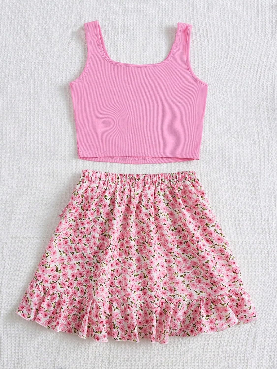 Floerns Girl's 2 Piece Outfits Sleeveless Crop Tank Top and Bow Front Floral Ruffle Layered Skirt Set - Image 2