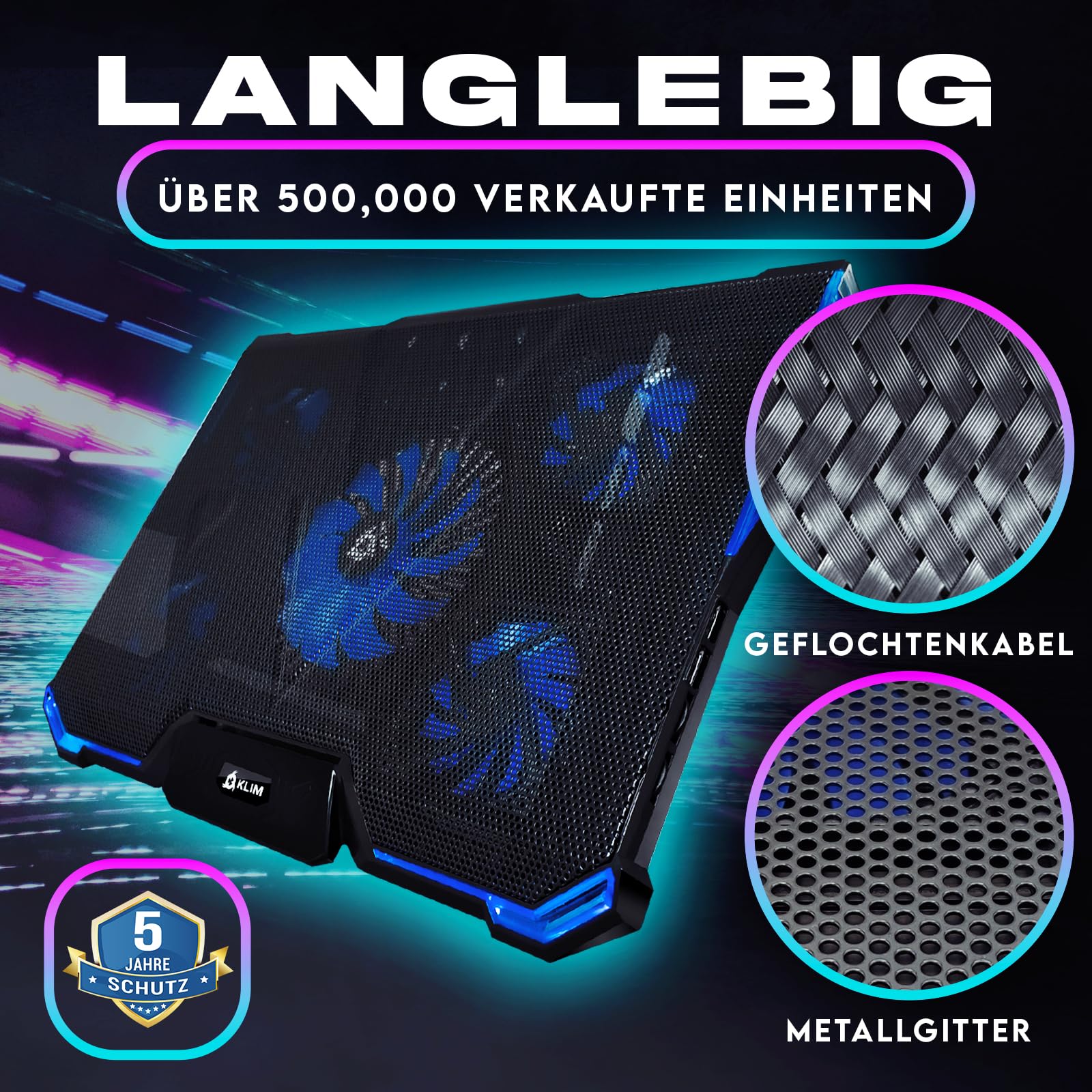 KLIM Cyclone - Laptop Kühler - NEU - Ständer - Maximale Kühlung - Verhindere Ãœberhitzung - Schütze Dein Laptop - 5 Lüfter 2200 & 1200 RPM - Cooling Pad für Computer PS5 PS4 Xbox One - Blau