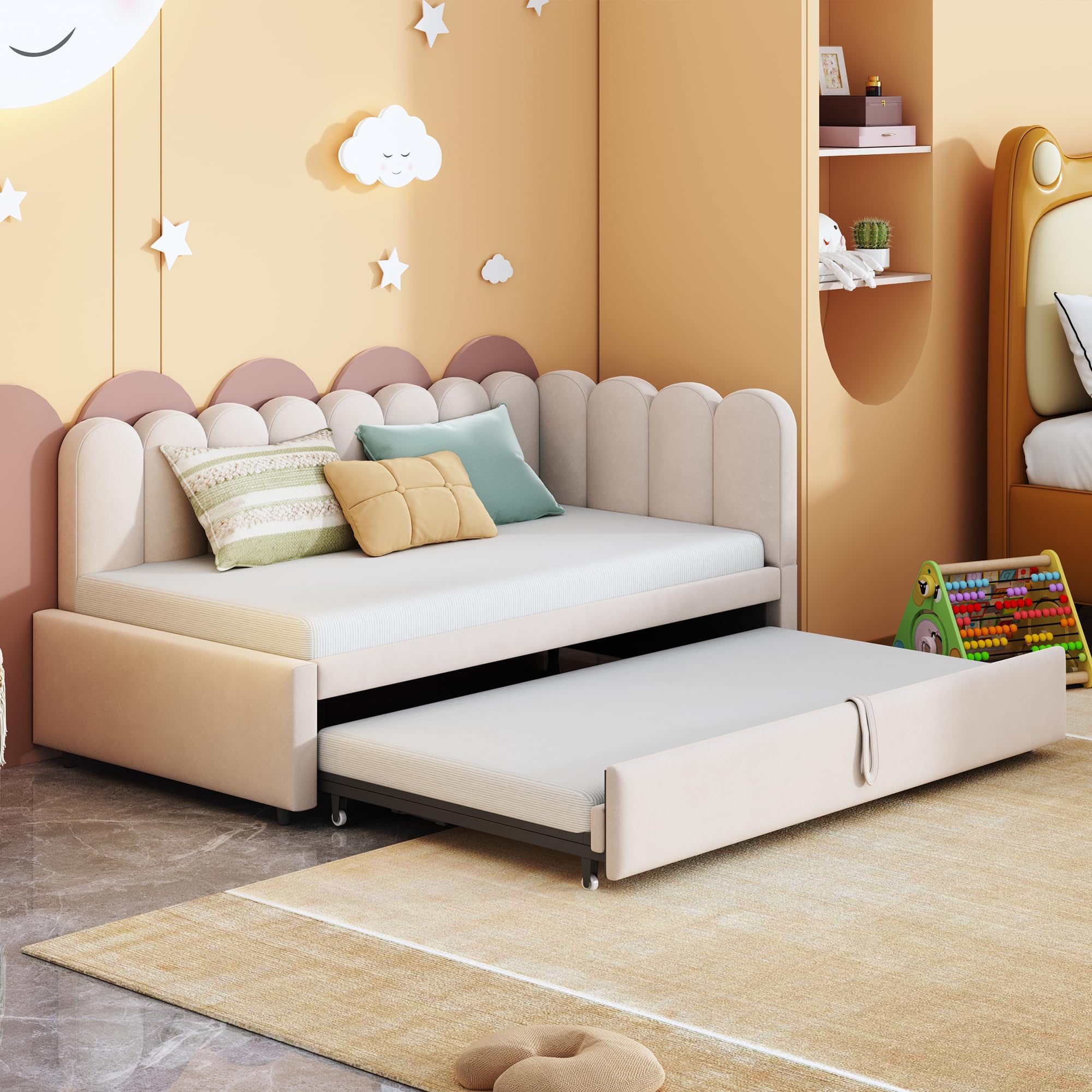 Sofá cama multifunción 2 en 1 en forma de L (90/180 x 200 cm), cama tapizada de terciopelo, diseño que ahorra espacio, se puede utilizar como cuna o cama de invitados, beige (sin colchón)