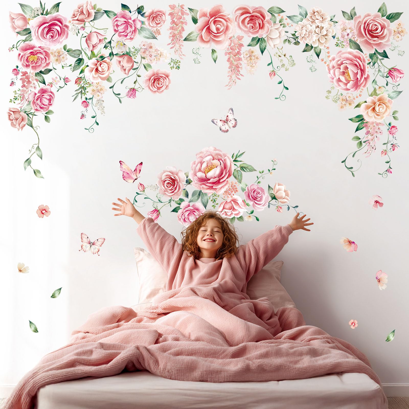 DECOWALL Large Pink Rose Flower Wall Stickers Peony Hanging Floral Vine Wall Decals Baby Nursery Girls Bedroom Living Room Wall Decor (SG3-2428)