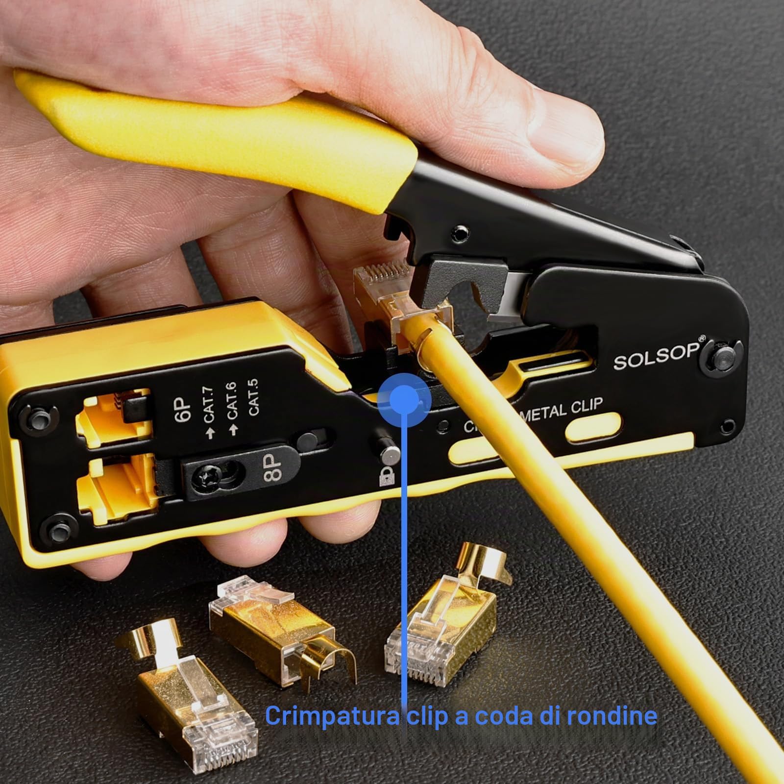 Solsop Strumento di crimpatura RJ45 passa-through Ethernet, per connettore passante finale Cat5, Cat6, Cat7, supporta spelatura e taglio