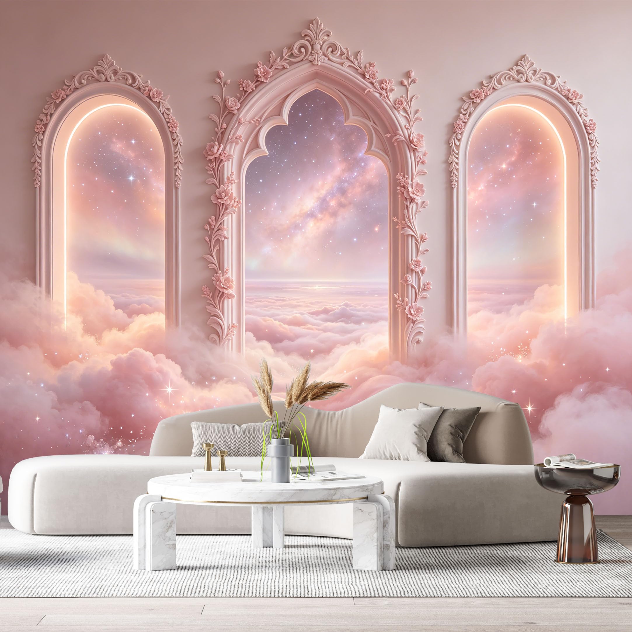 Custom Size Wall Murals Pink Arch Galaxy Starry Cloud 3D Trompe L'Oeil SelfAdhesiveWall Fabric Removable Wallpaper Wall Decor for Living Room Bedroom Bathroom