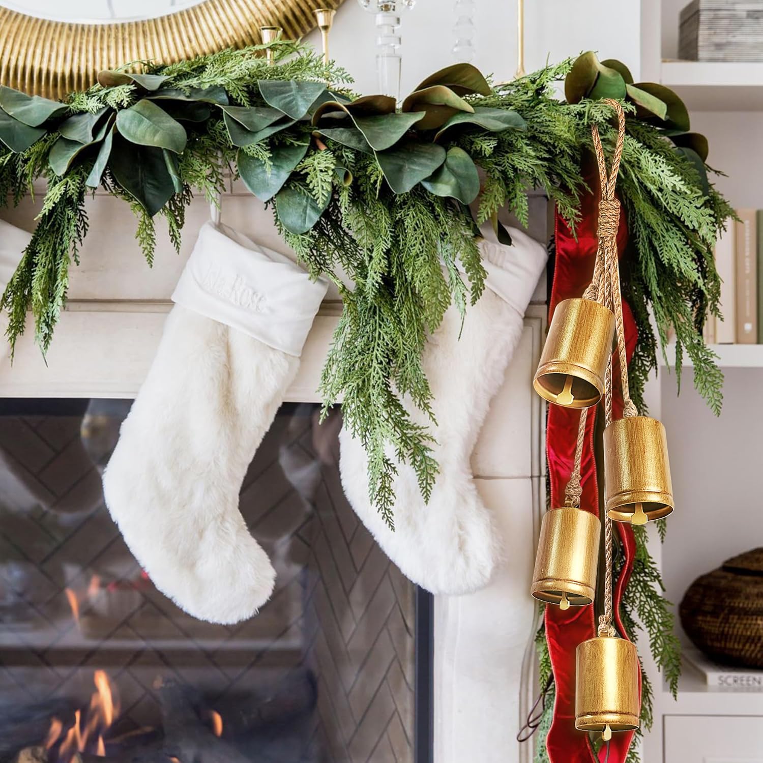 Christmas Bells for Decoration, Hand Craft Brass Vintage Rustic Bell Set of 4, Hanging Gold Ornaments Shabby Chic Cow Bells Decor on Rope for Wreath, Indoor, Party, Home