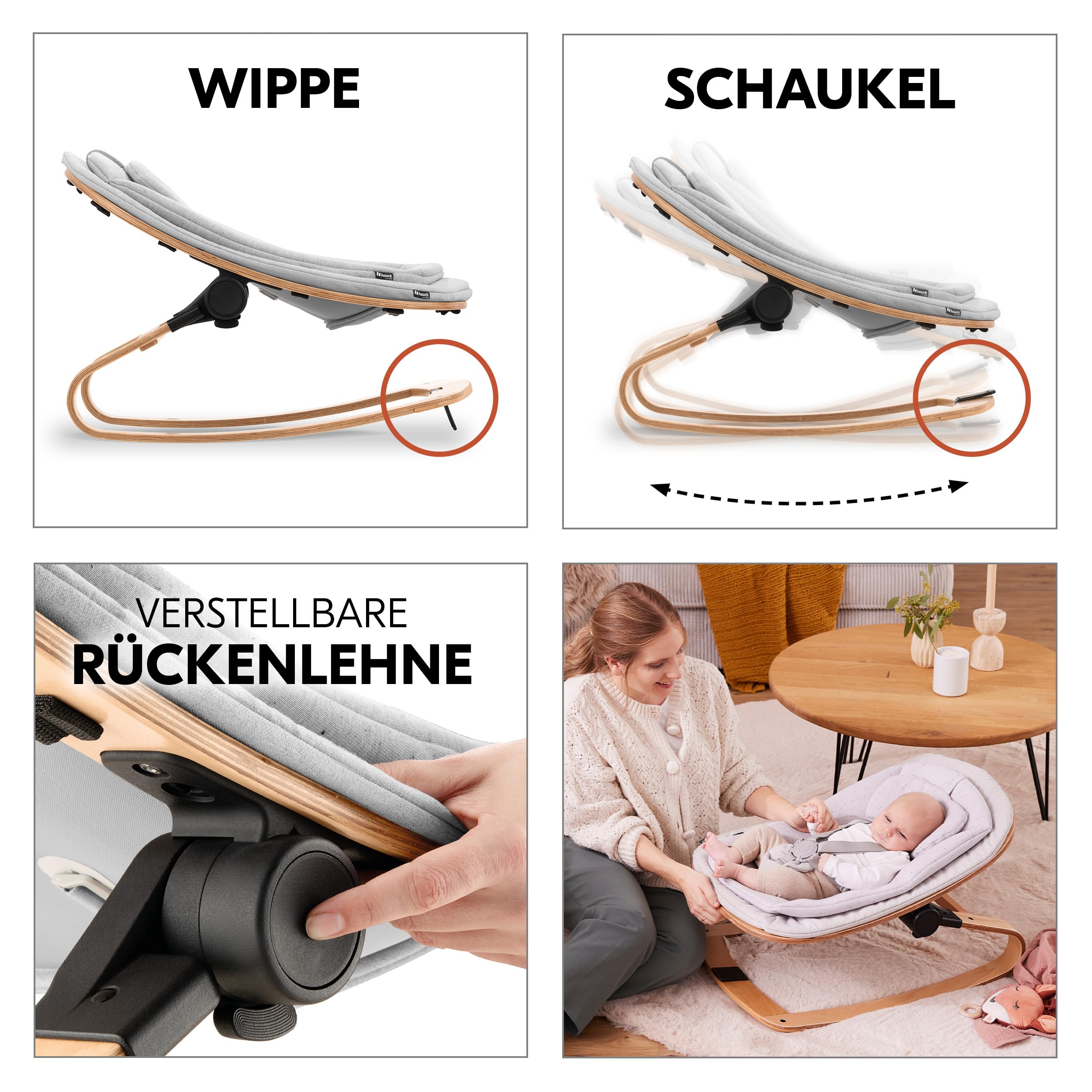 hauck Beta+ Hochstuhl Newborn Set mit Eco Bouncer - Natural | Mitwachsender Holz Kinderhochstuhl mit Rollen ab Geburt bis 90 kg | inkl. Neugeborenenaufsatz, Essbrett & Sitzkissen