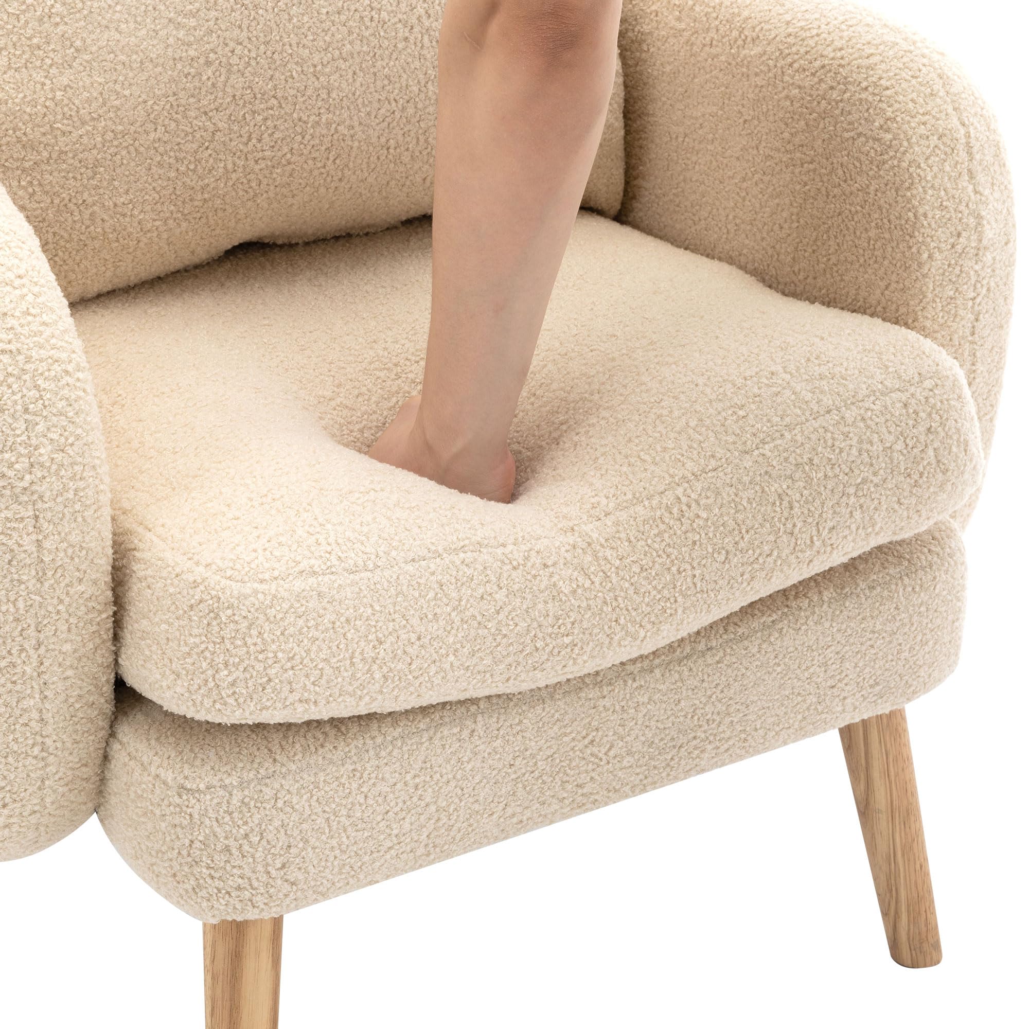 Merax Sessel Teddy-Samt Ohrensessel mit Kissen Loungesessel mit Armlehnen modern Holzbeine Einzelsofa Relaxsessel Polstersessel für Wohnzimmer/Lesezimmer, Beige