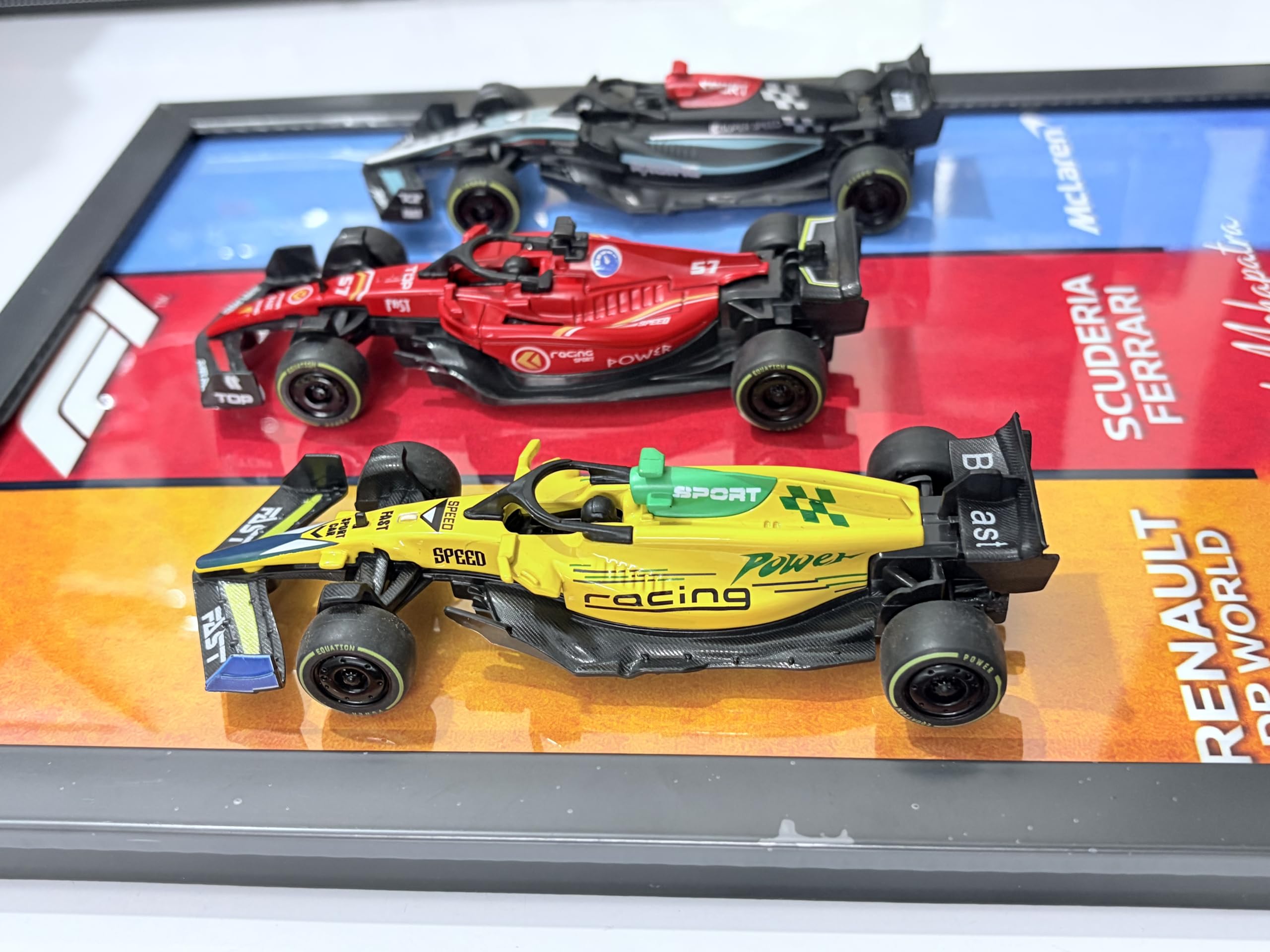 F1 Formula 1 Cars 3D Display Frame, Set of 3, McLaren, Scuderia Ferrari and Renault DP World, Wall Décor, Gift 1