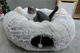 MEHONGCAN Plush Cat Tunnel Bed with Central Mat for Indoor Cat Kitten Puppy Rabbit,Cat Play Tunnel, Peephole and Hanging Ball 