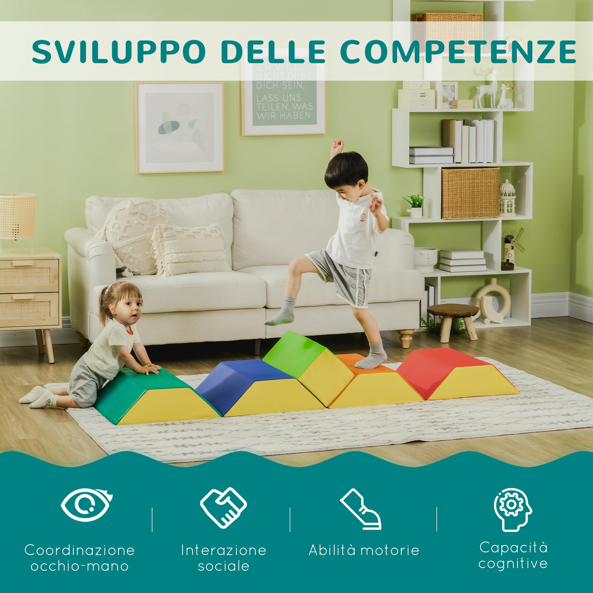 HOMCOM Weiche Bausteine Set 1-3 Jahre 48,3x19,1x48,3 cm Mehrfarbig | Mit 5 rechteckigen und trapezförmigen Blöcken, Kinderspielzeug, PU und EPE