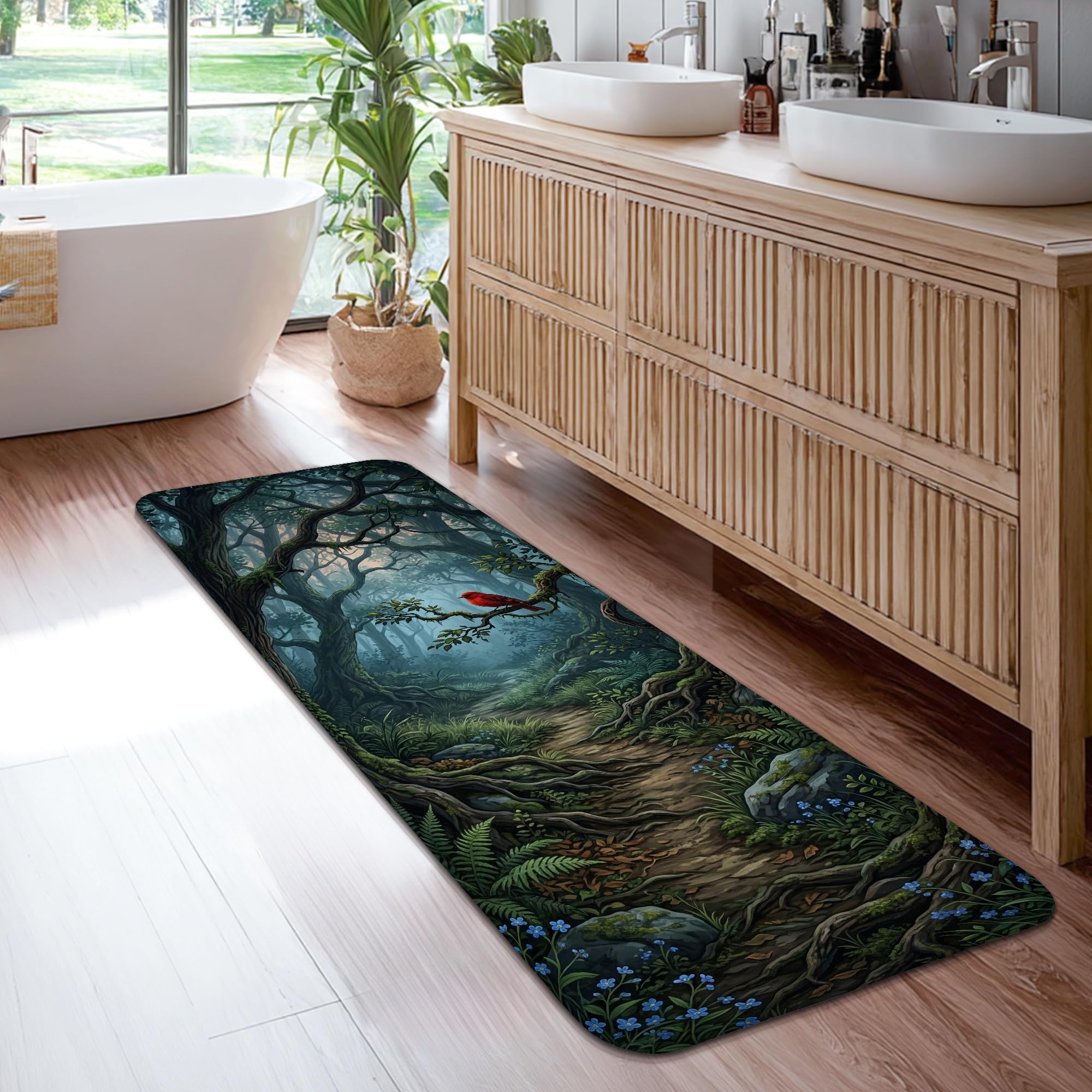 Tapis de couloir qui ne perd pas ses poils pour intérieur vert avec arbres imprimés